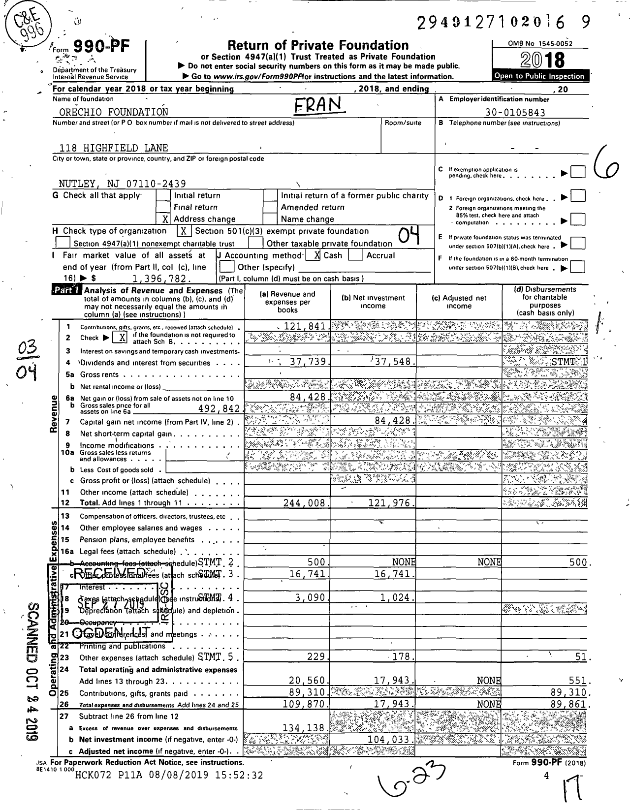 Image of first page of 2018 Form 990PF for The Frank A and Edith Orechio Foundation