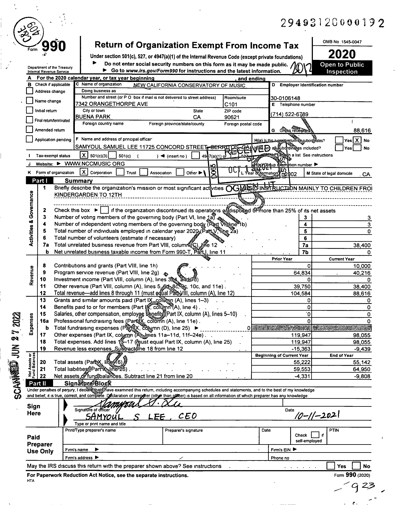 Image of first page of 2020 Form 990 for New California Conservatory of Music New California Conservatory