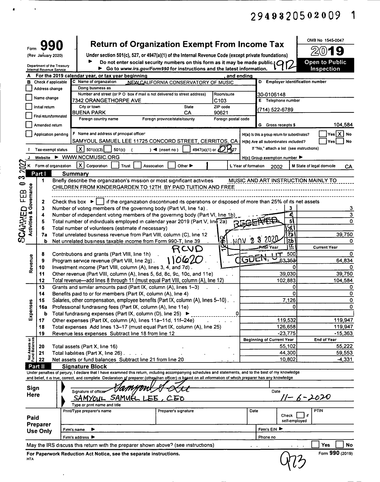 Image of first page of 2019 Form 990 for New California Conservatory of Music New California Conservatory