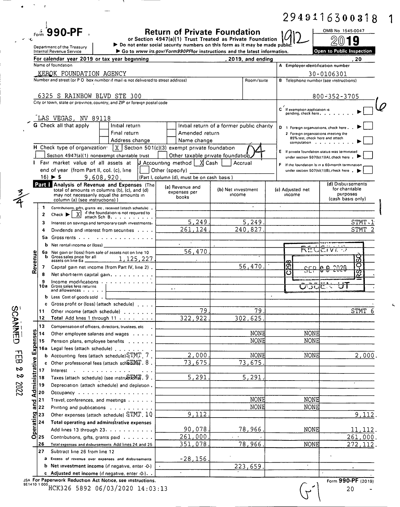 Image of first page of 2019 Form 990PF for Kebok Foundation Agency