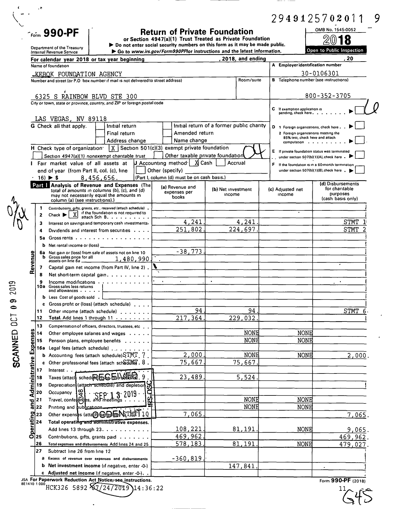 Image of first page of 2018 Form 990PF for Kebok Foundation Agency