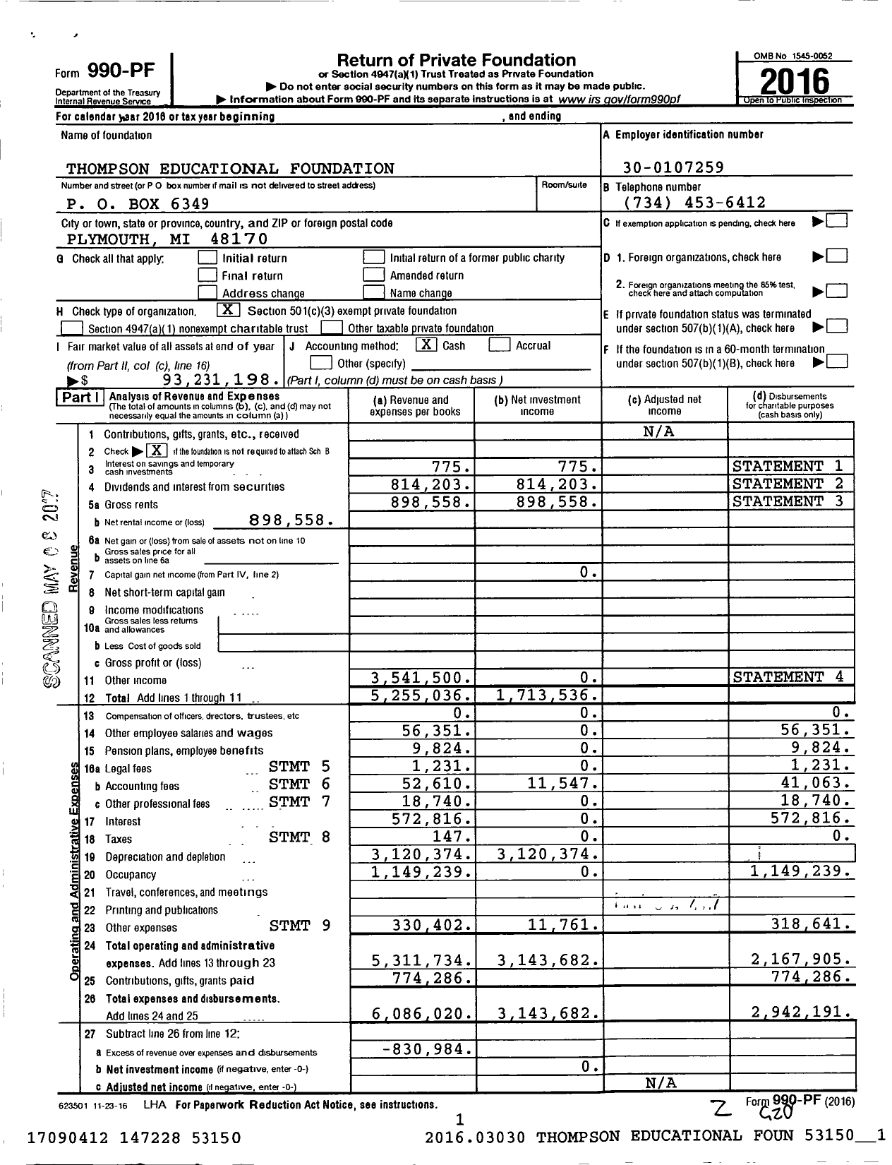 Image of first page of 2016 Form 990PF for Thompson Schools Foundation