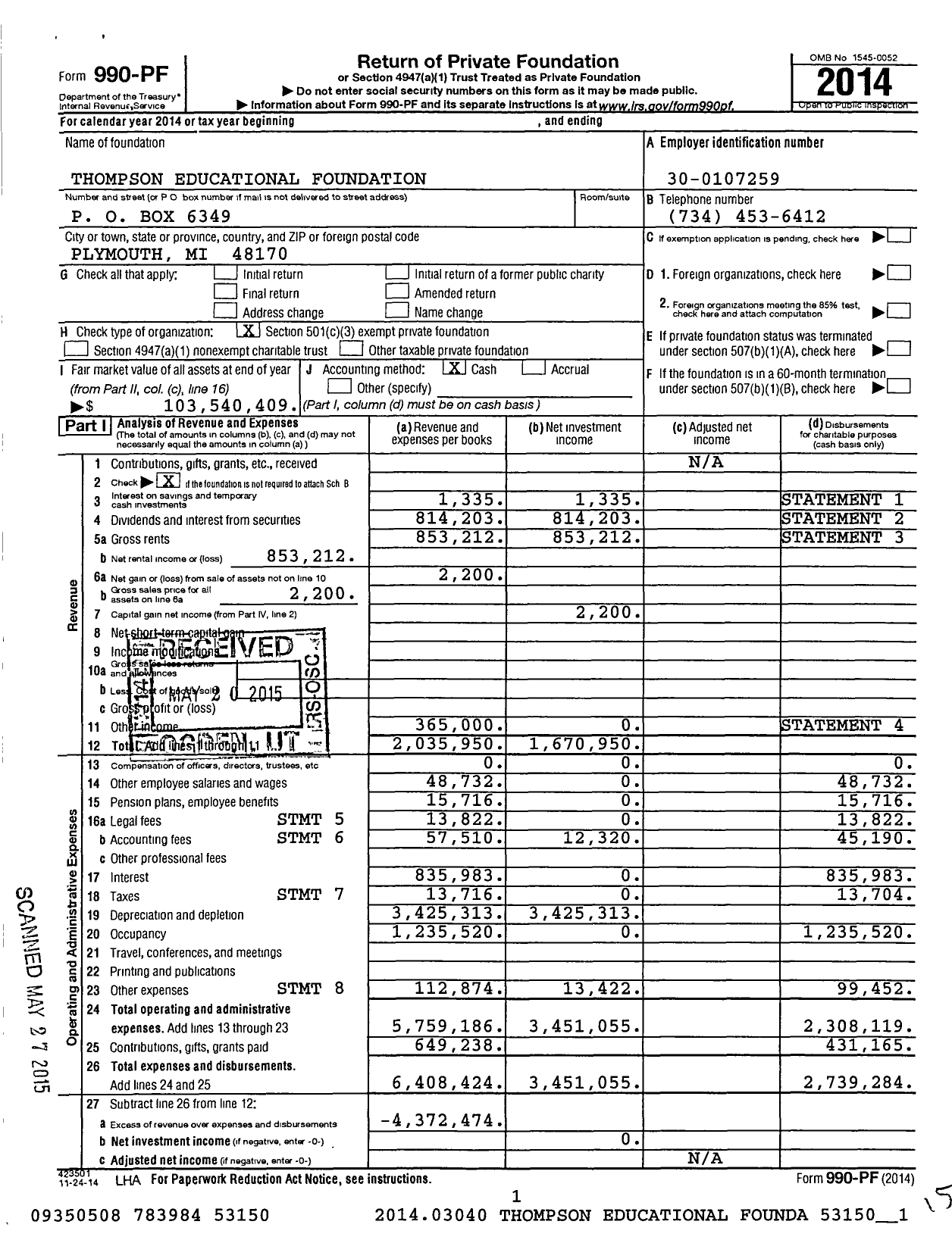Image of first page of 2014 Form 990PF for Thompson Schools Foundation