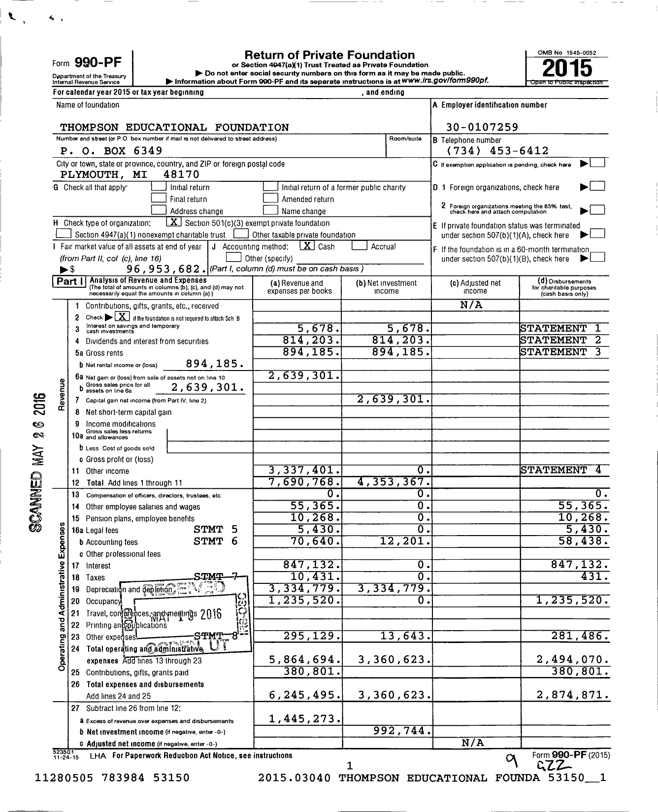 Image of first page of 2015 Form 990PF for Thompson Schools Foundation