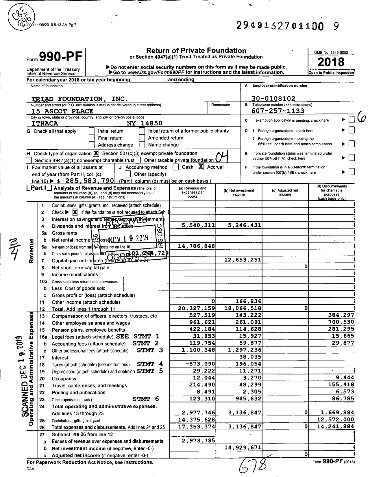 Image of first page of 2018 Form 990PF for Triad Foundation