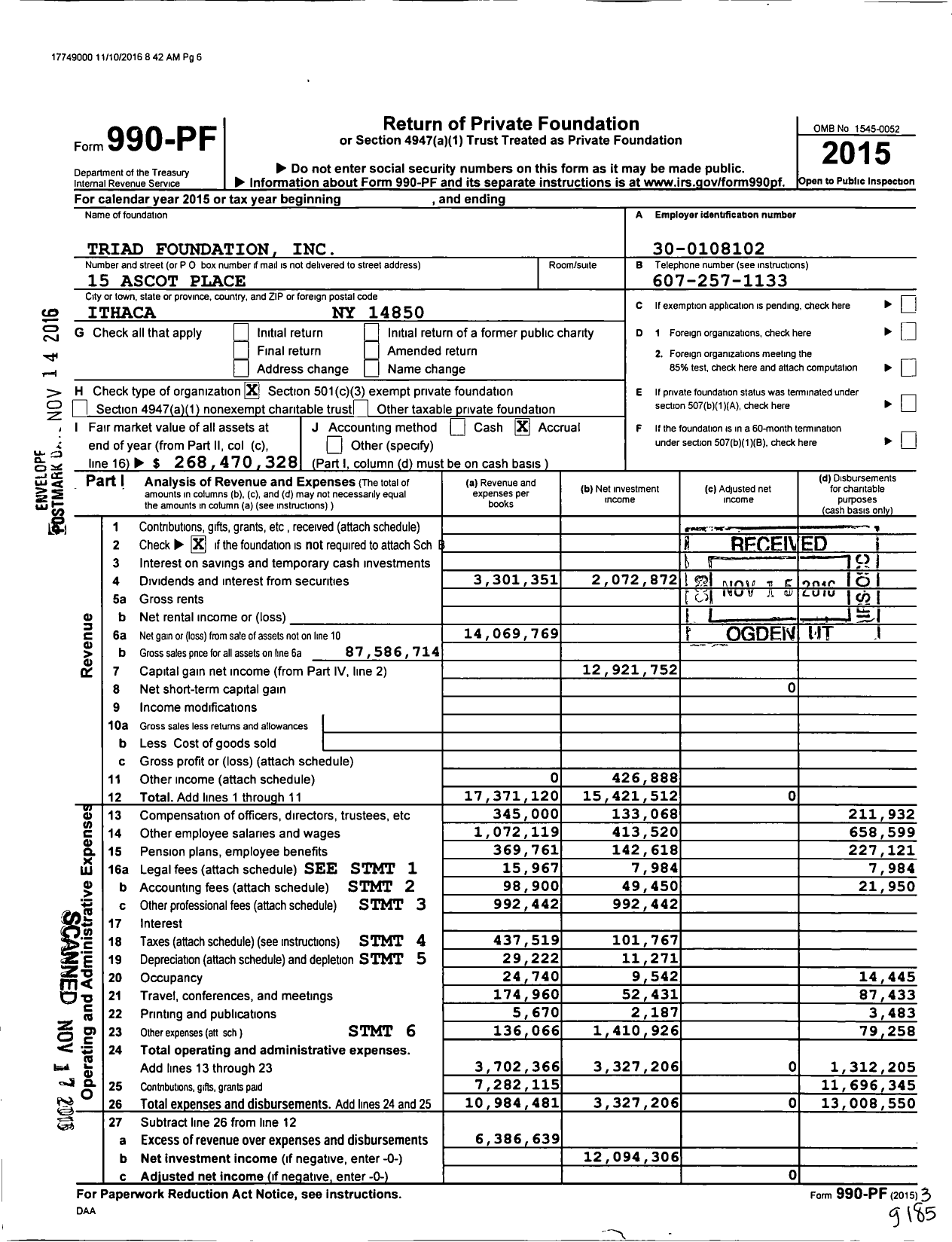 Image of first page of 2015 Form 990PF for Triad Foundation