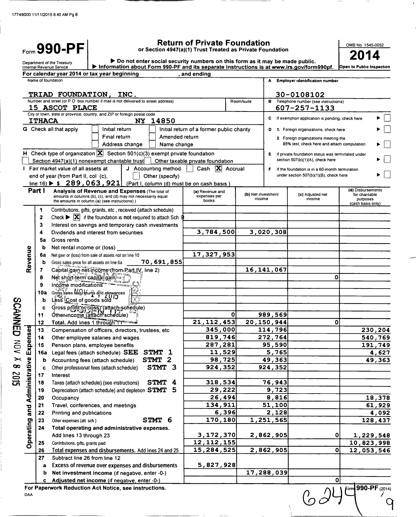 Image of first page of 2014 Form 990PF for Triad Foundation