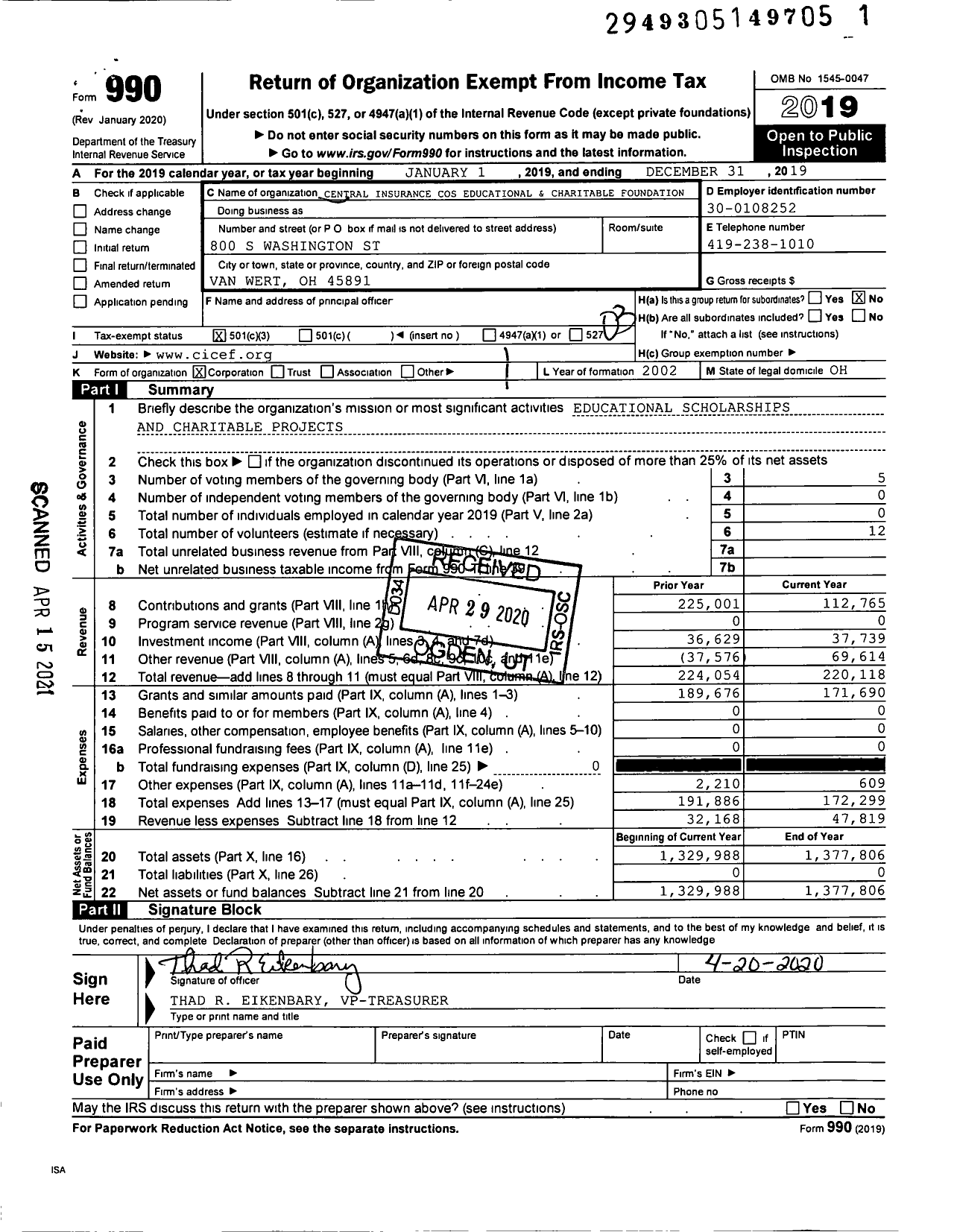 Image of first page of 2019 Form 990 for Central Insurance Companies Educational and Charitable Foundation