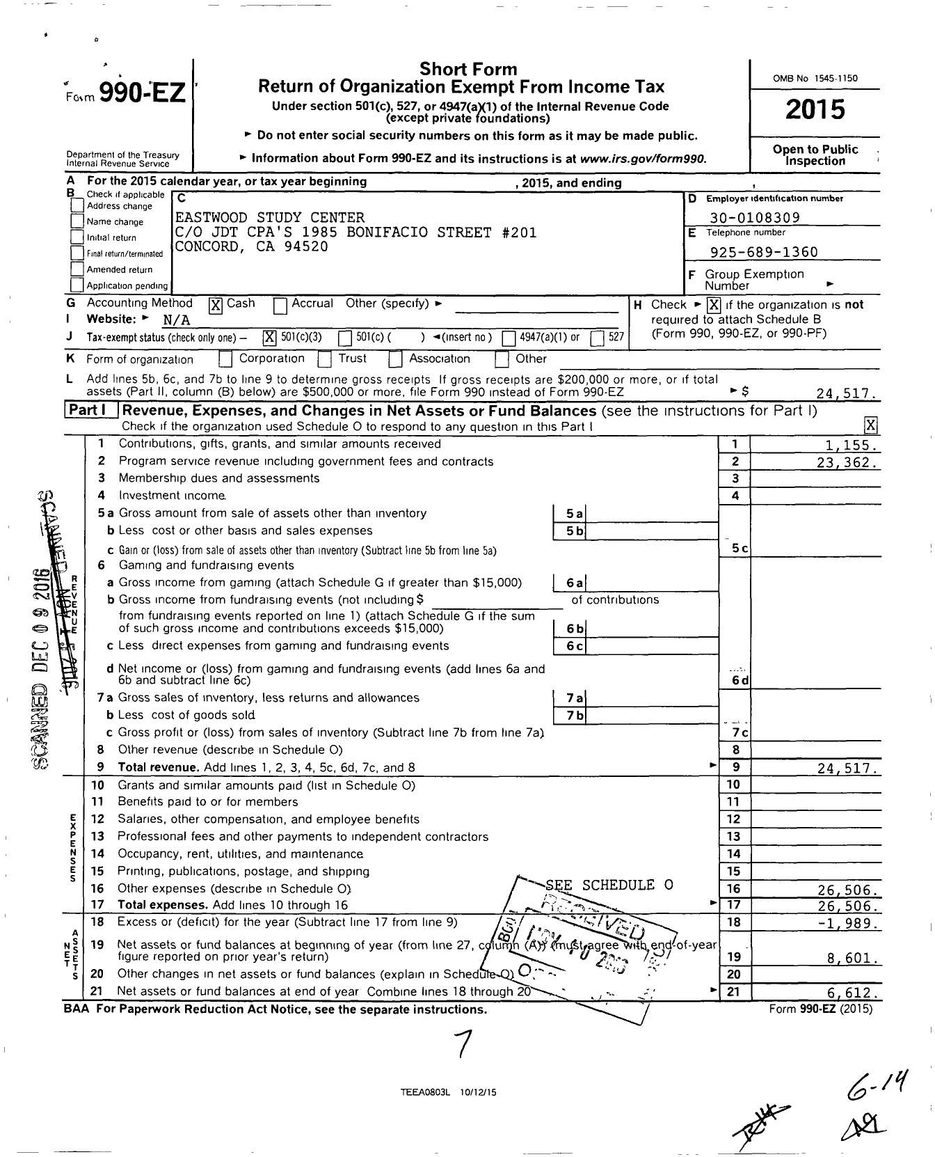 Image of first page of 2015 Form 990EZ for Eastwood Study Center