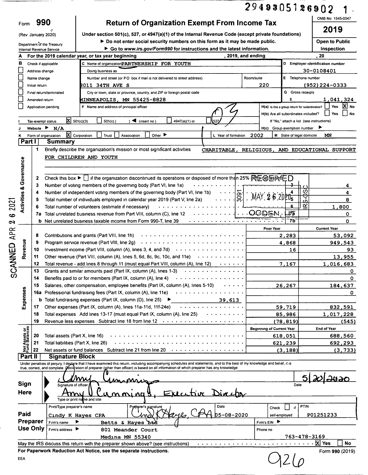 Image of first page of 2019 Form 990 for Partnership for Youth