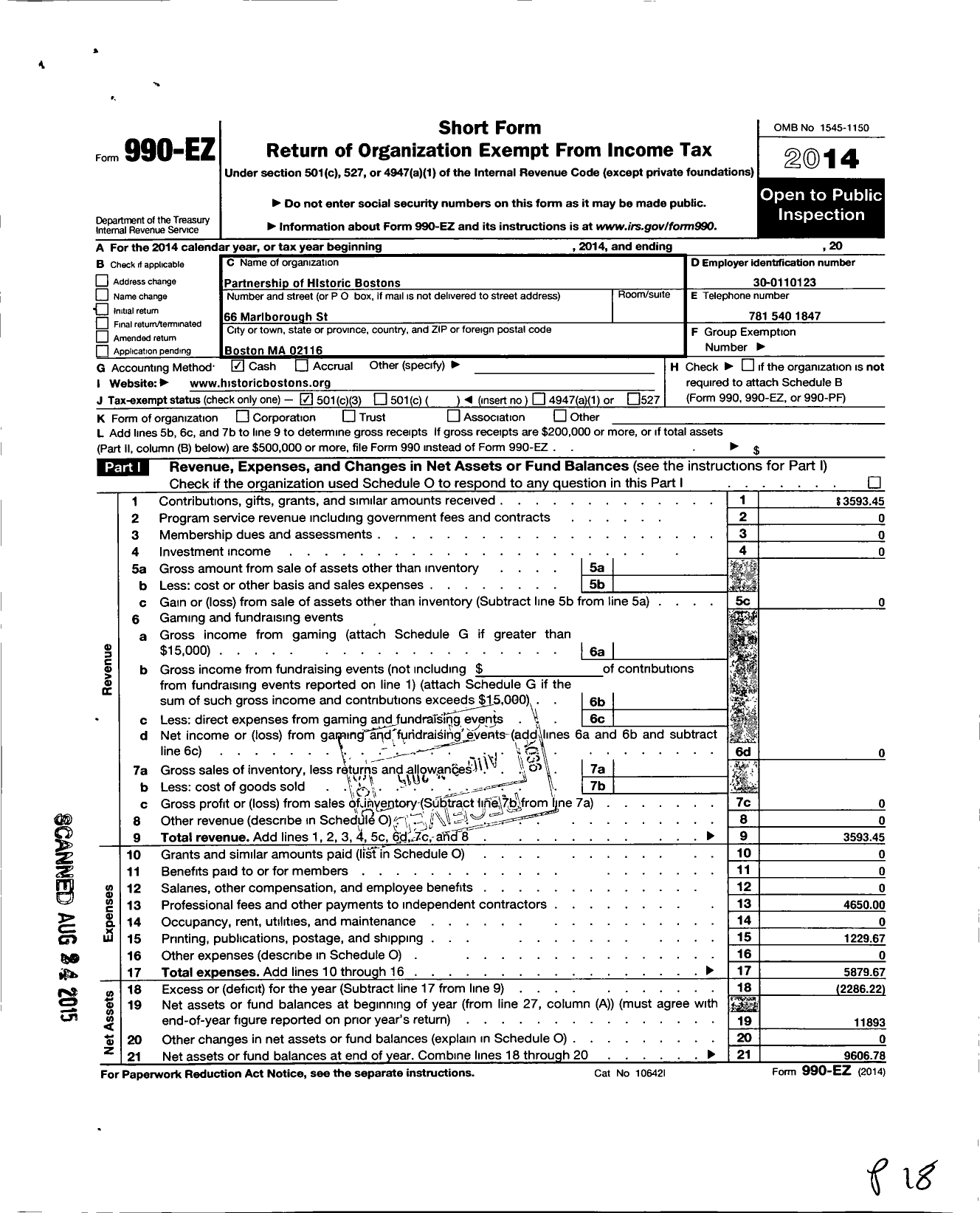 Image of first page of 2014 Form 990EZ for Partnership of the Historic Bostons