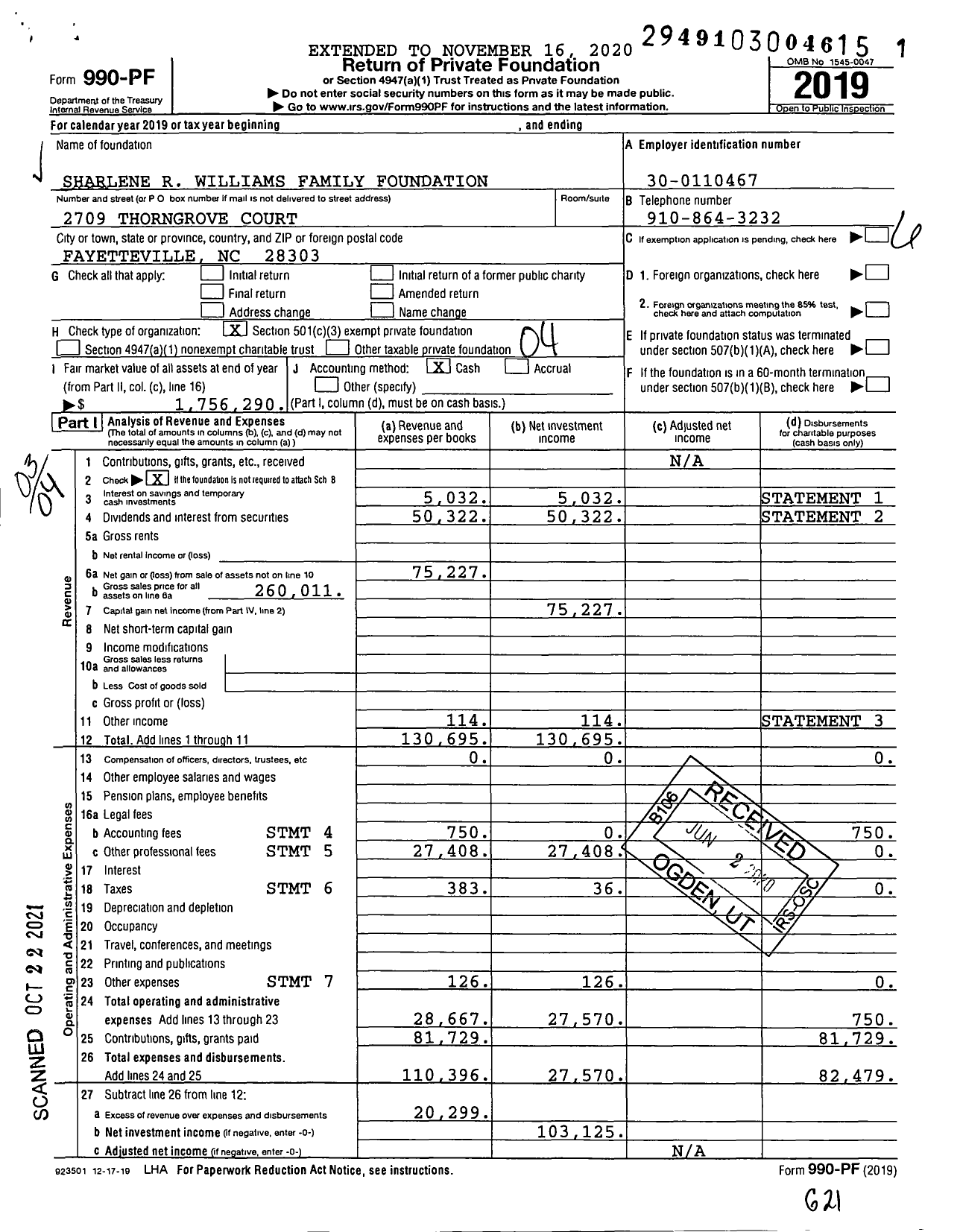 Image of first page of 2019 Form 990PF for Sharlene R Williams Family Foundation