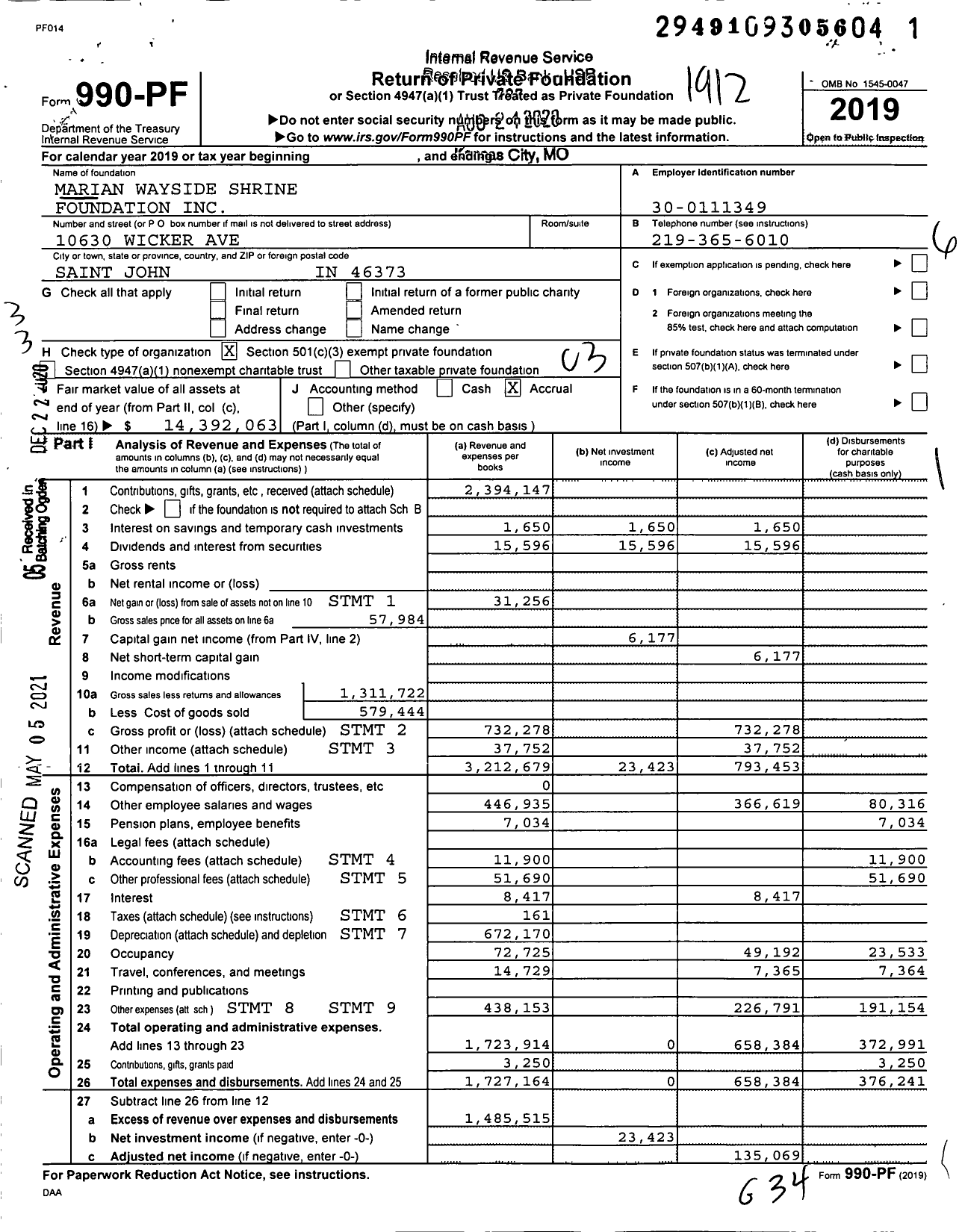 Image of first page of 2019 Form 990PF for The Shrine of Christ's Passion