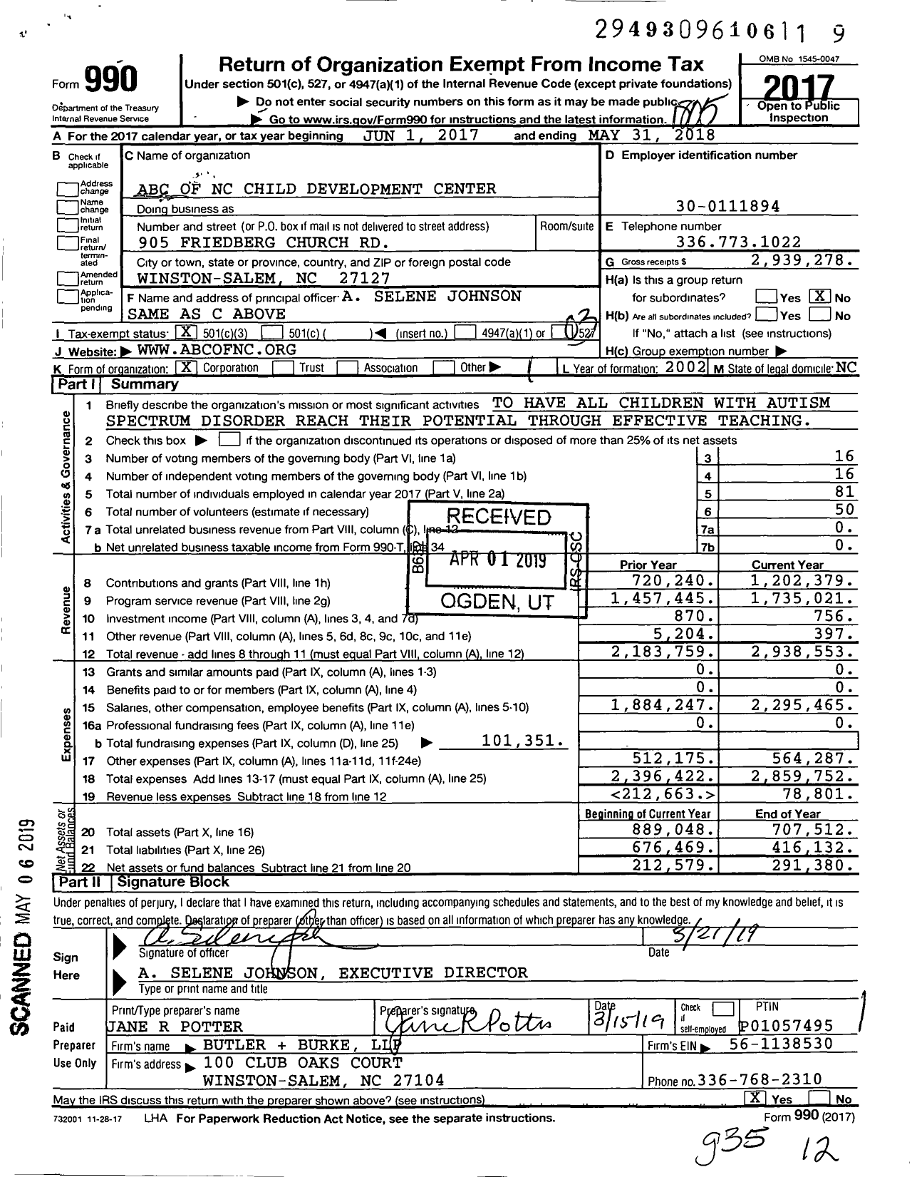 Image of first page of 2017 Form 990 for ABC of NC Child Development Center