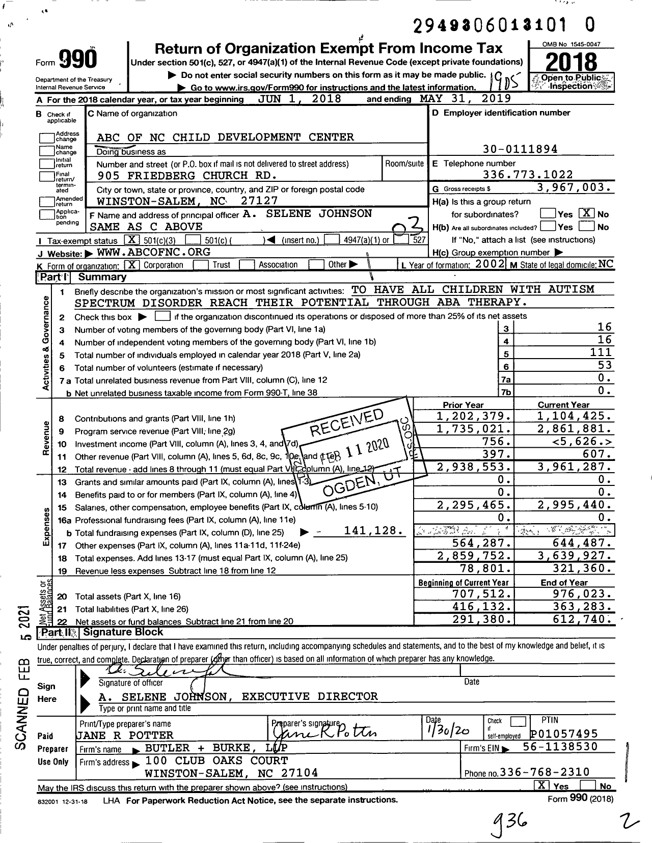 Image of first page of 2018 Form 990 for ABC of NC Child Development Center