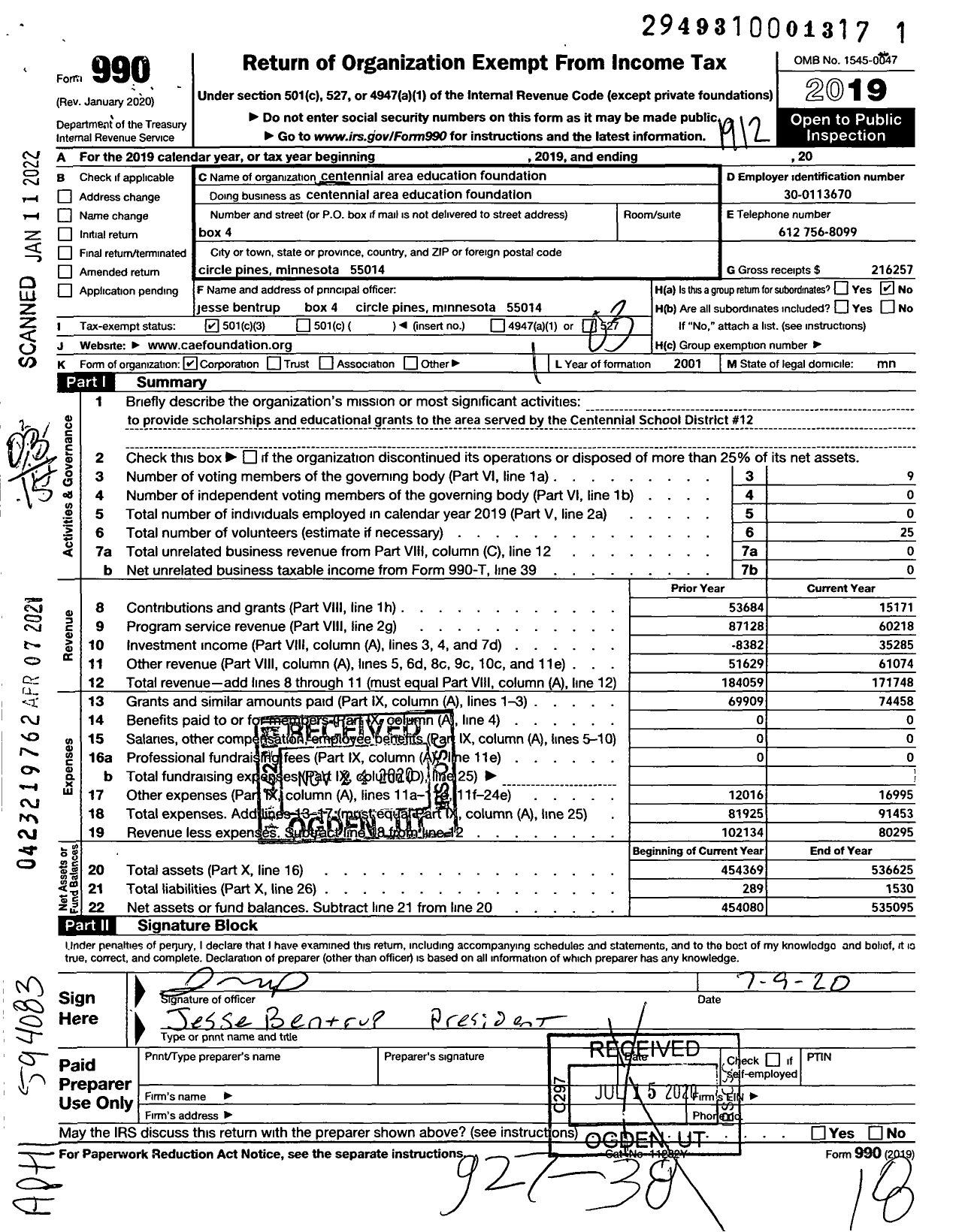 Image of first page of 2019 Form 990 for Centennial Area Education Foundation