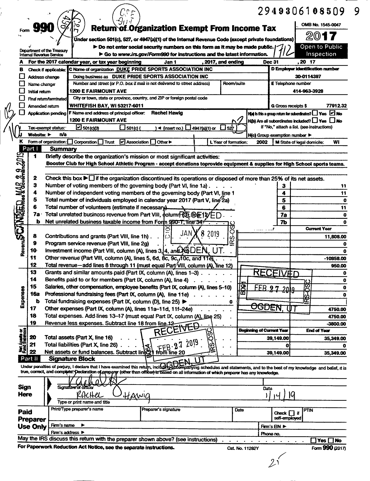 Image of first page of 2017 Form 990 for Duke Pride Sports Association