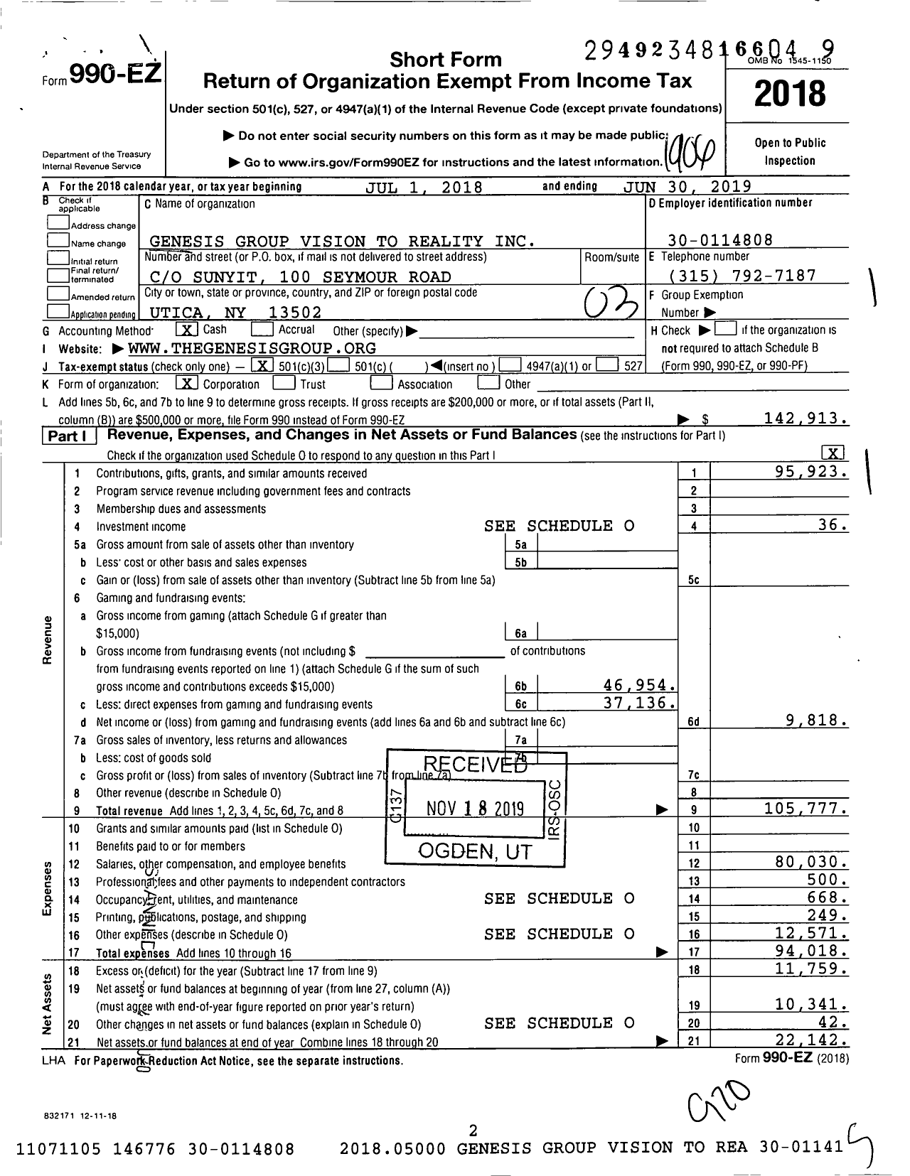 Image of first page of 2018 Form 990EZ for Genesis Group Vision To Reality