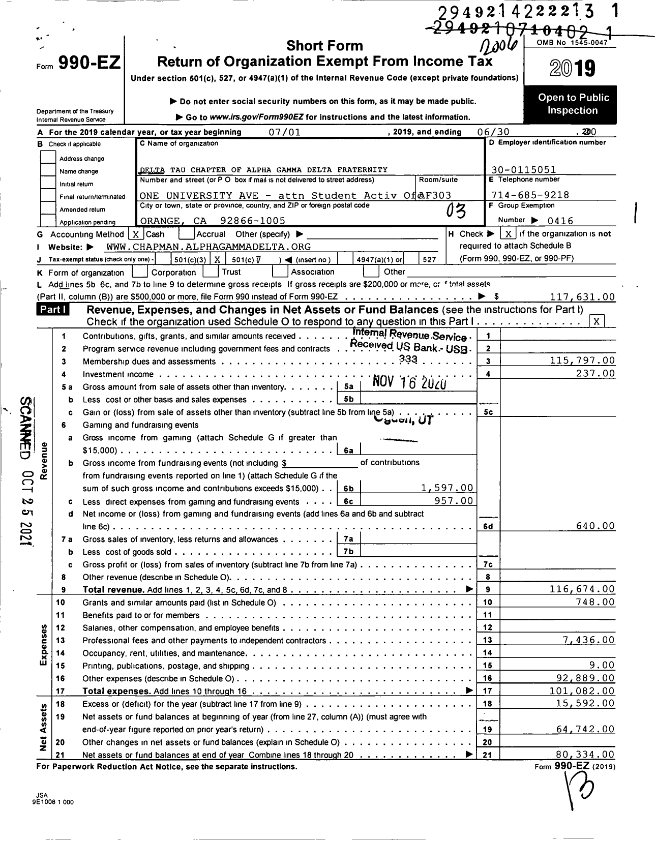 Image of first page of 2019 Form 990EZ for Alpha Gamma Delta Fraternity - Delta Tau Chapter