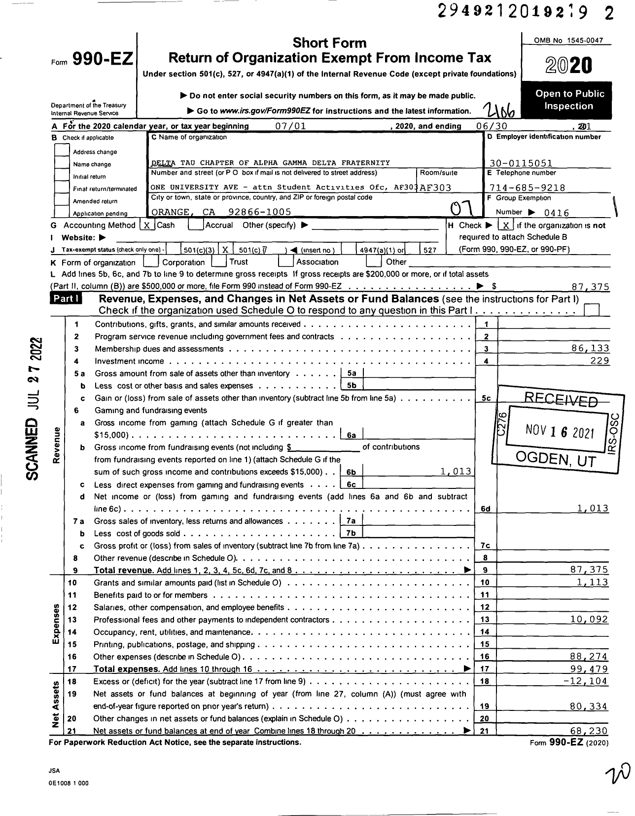 Image of first page of 2020 Form 990EO for Alpha Gamma Delta Fraternity - Delta Tau Chapter