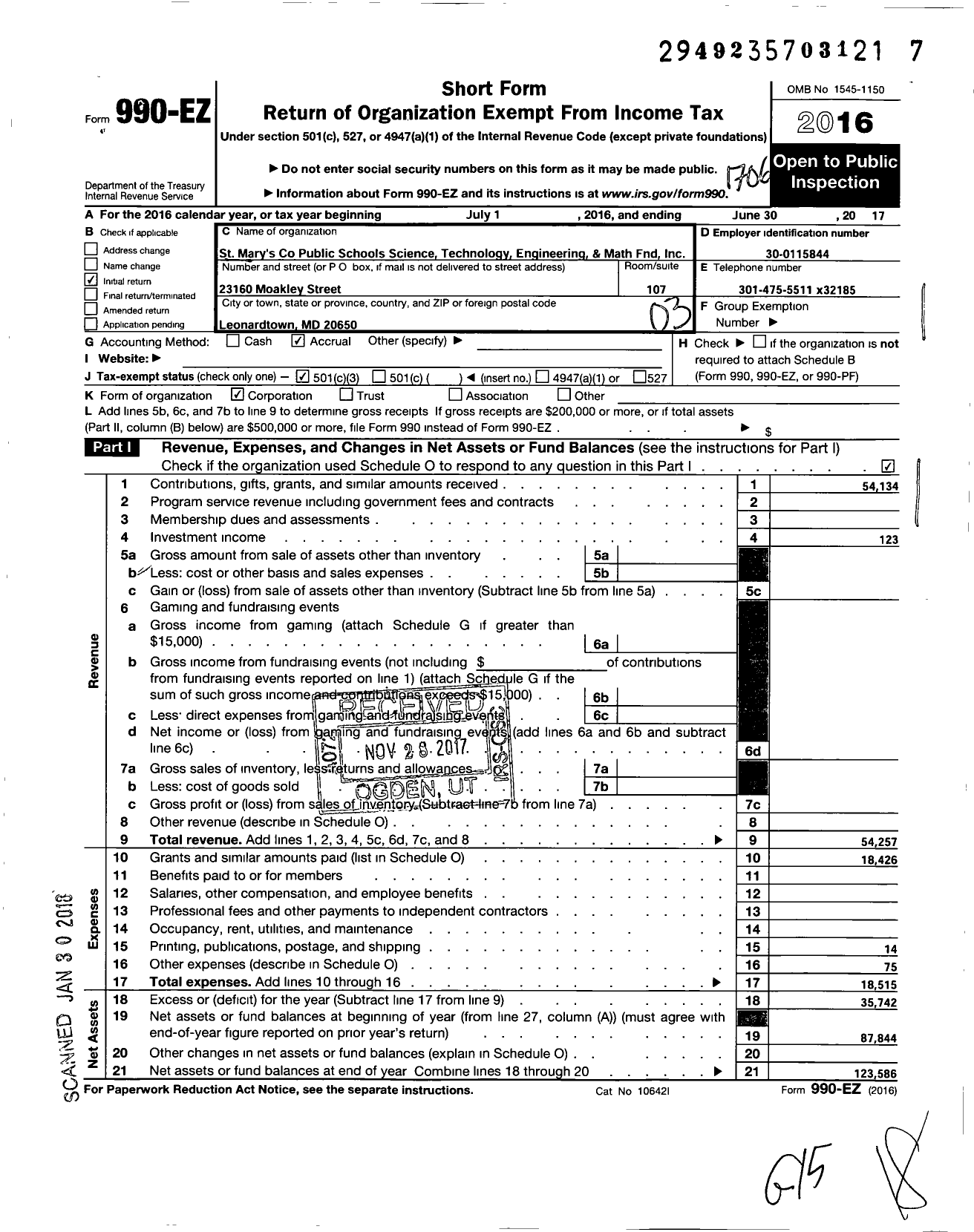 Image of first page of 2016 Form 990EZ for St Marys County Public Schools Science Technology Engineering and M