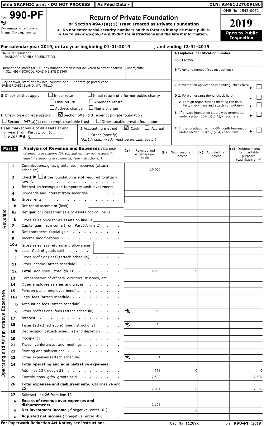 Image of first page of 2019 Form 990PR for Bannasch Family Foundation