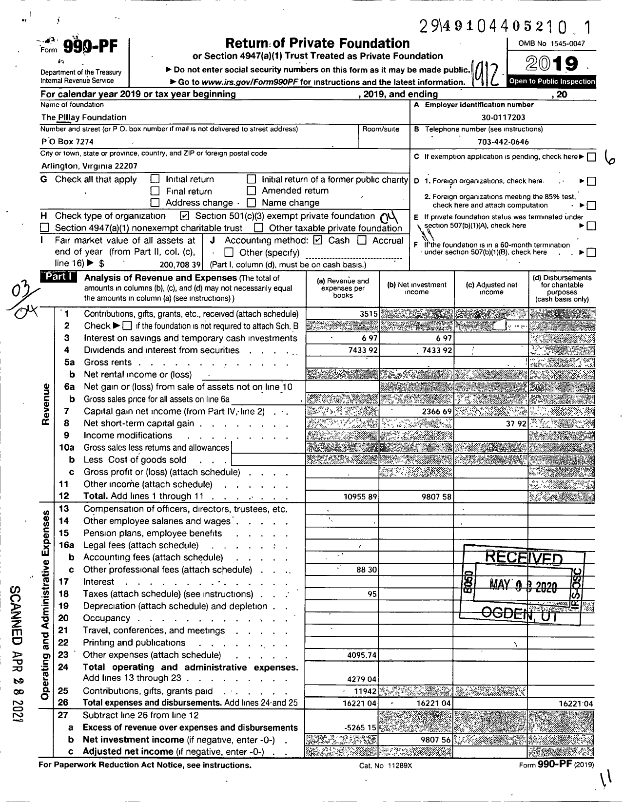 Image of first page of 2019 Form 990PF for Pillay Foundation