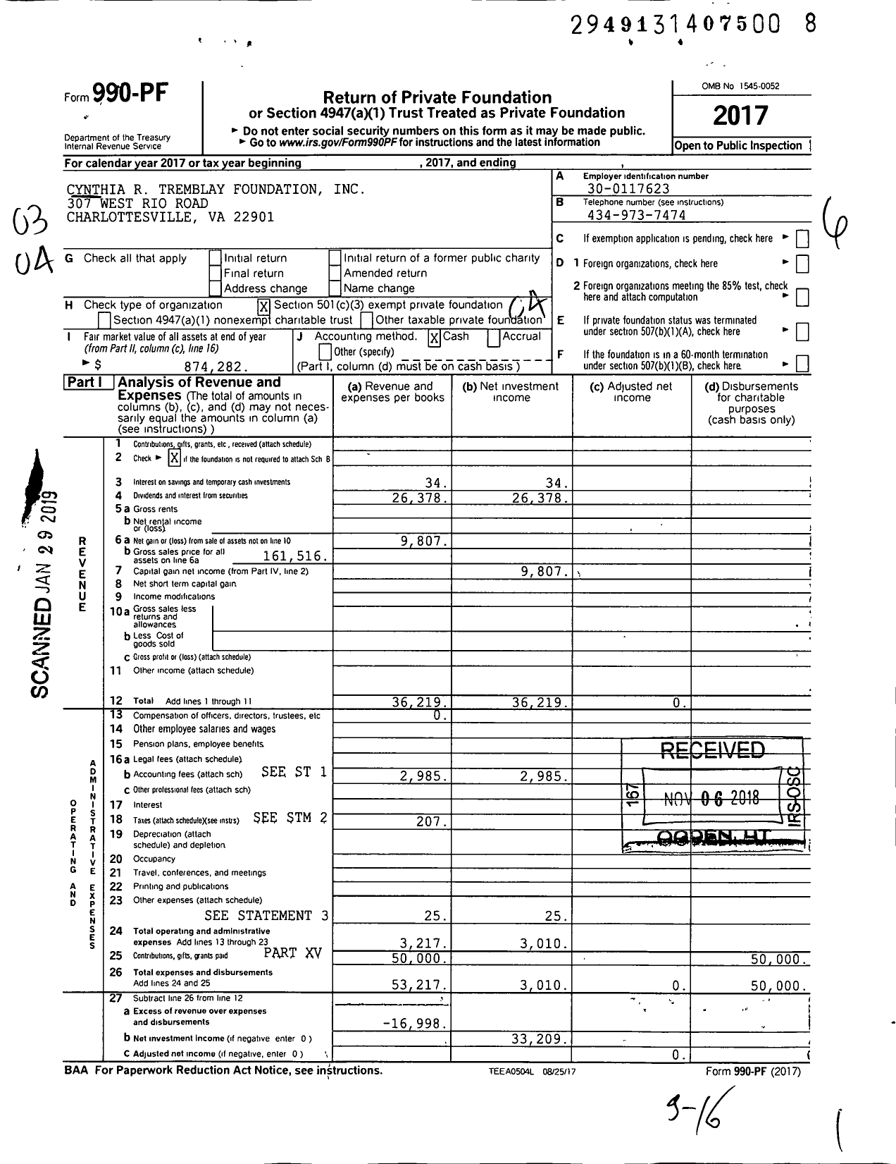 Image of first page of 2017 Form 990PF for Cynthia R Tremblay Foundation