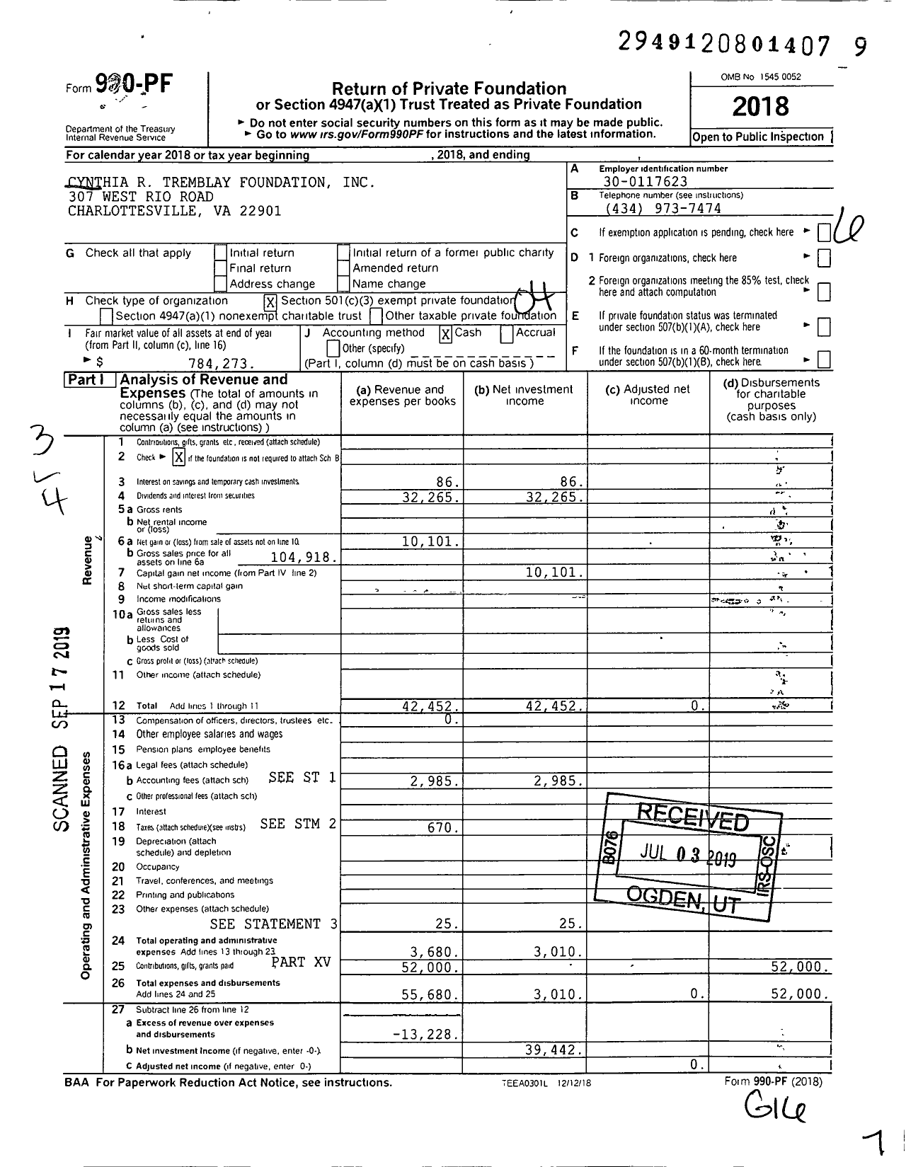 Image of first page of 2018 Form 990PF for Cynthia R Tremblay Foundation