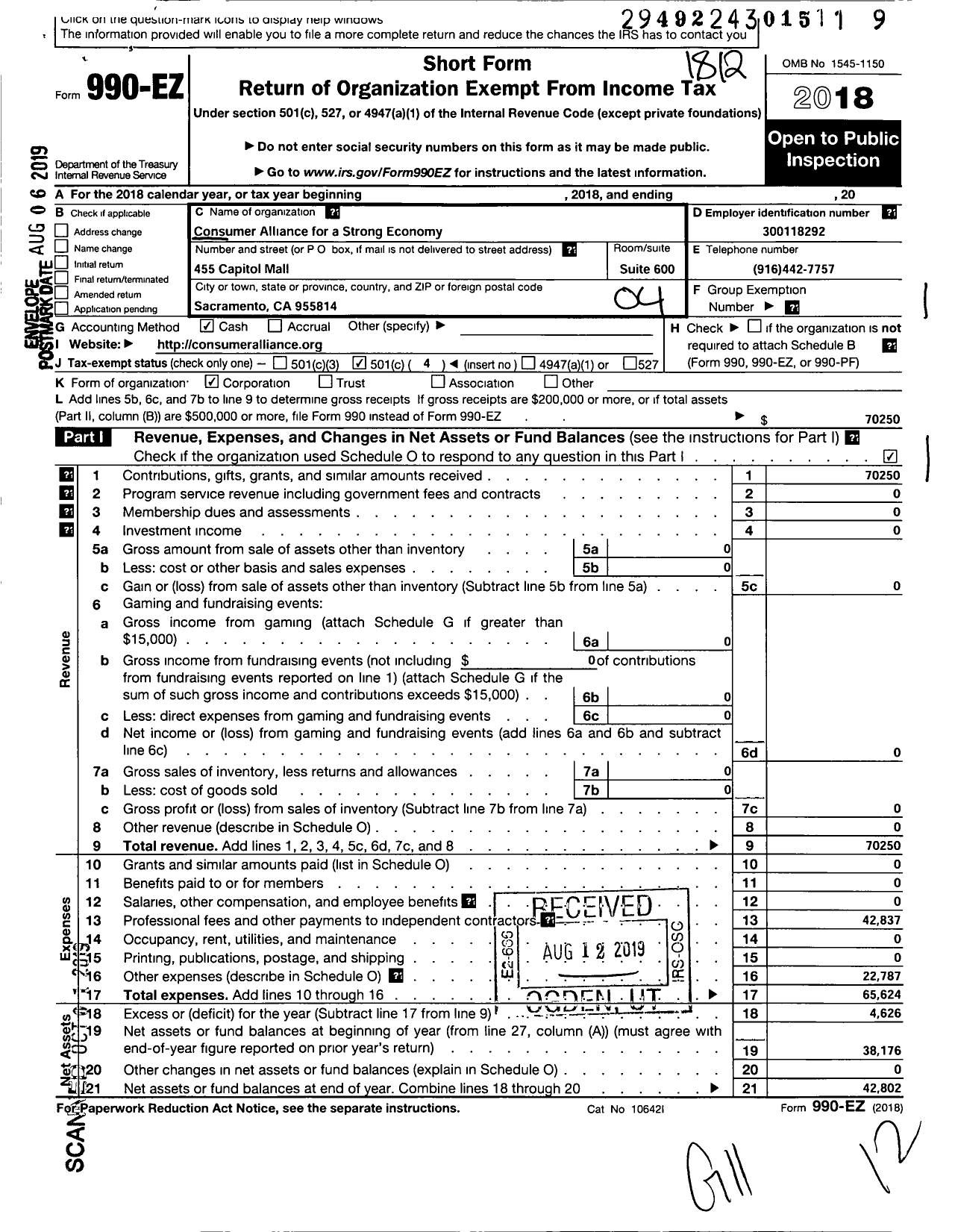 Image of first page of 2018 Form 990EO for Consumer Alliance for A Strong Economy