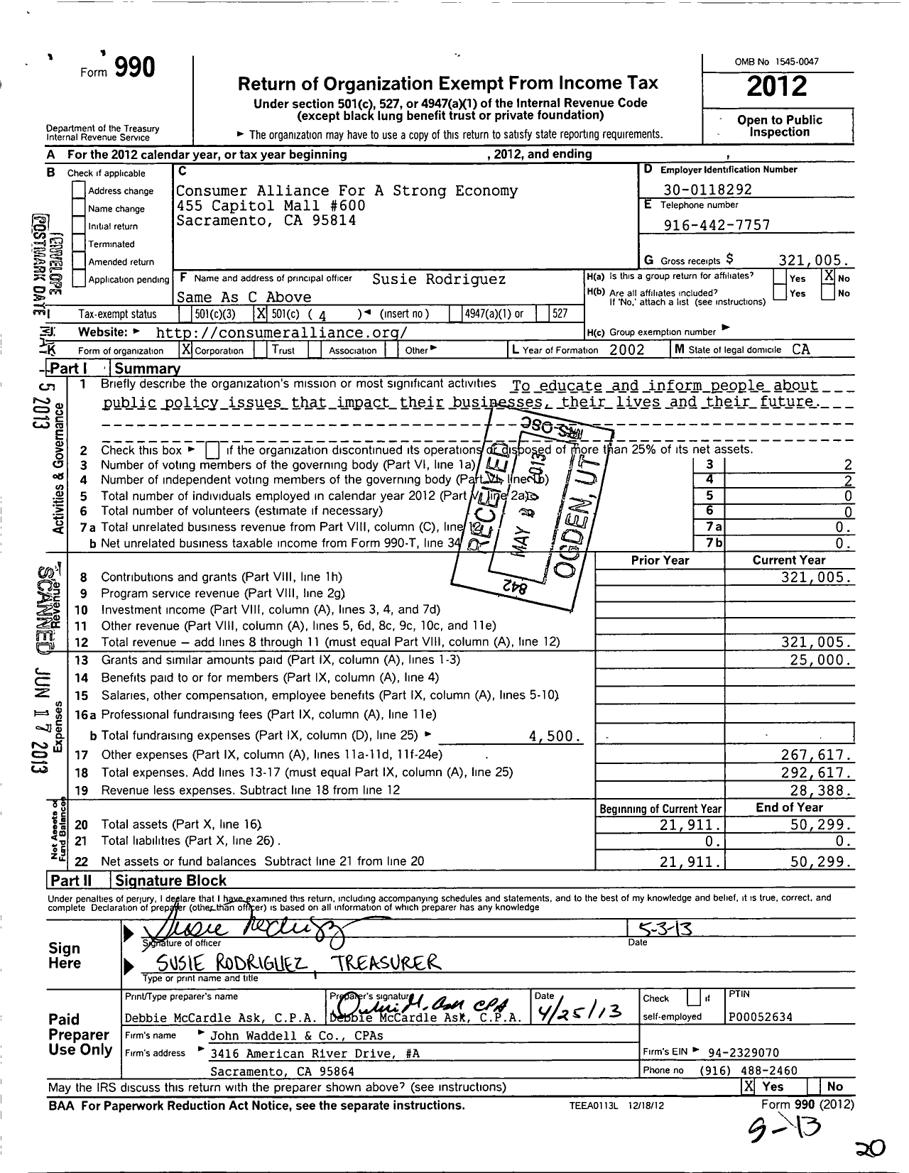 Image of first page of 2012 Form 990O for Consumer Alliance for A Strong Economy