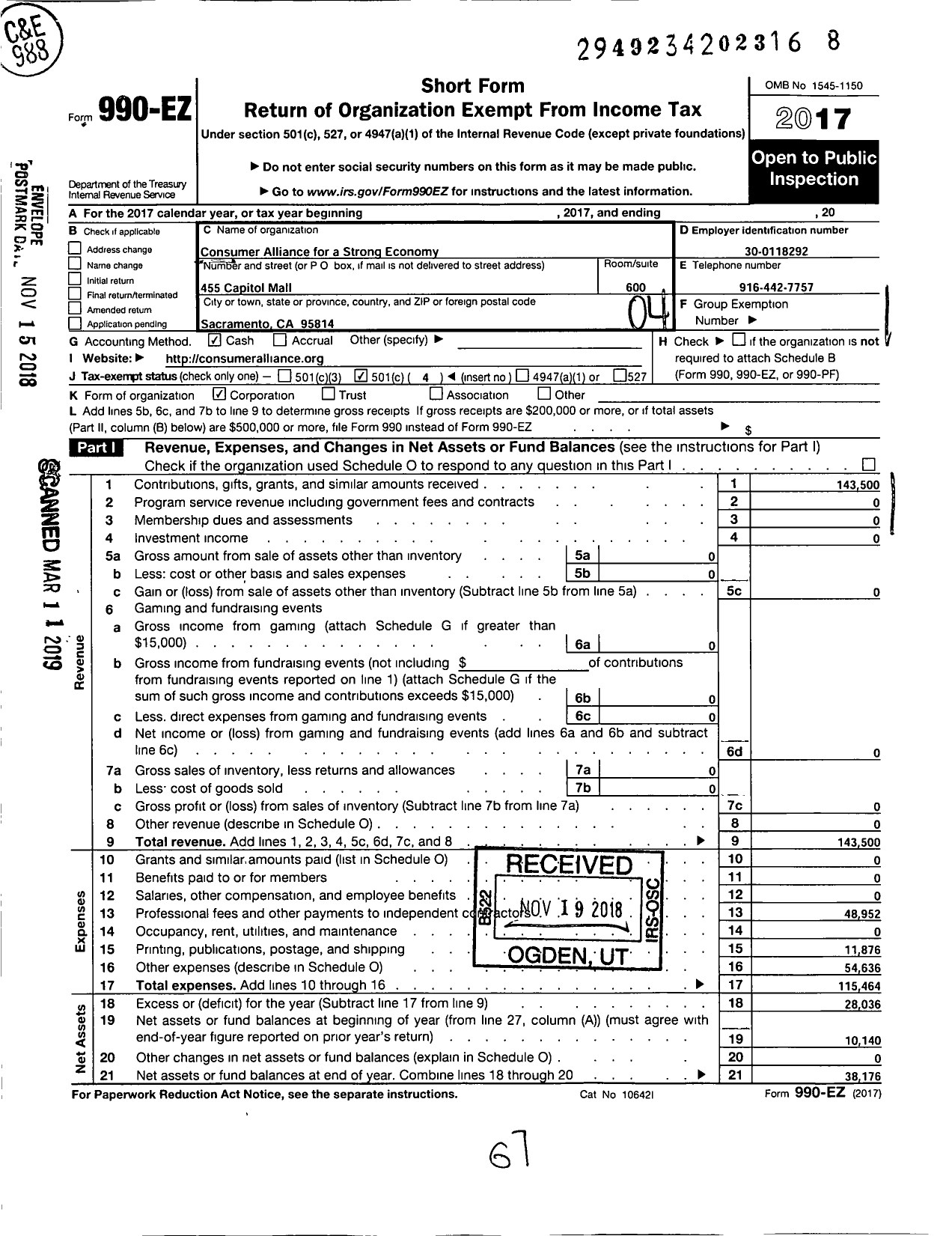 Image of first page of 2017 Form 990EO for Consumer Alliance for A Strong Economy