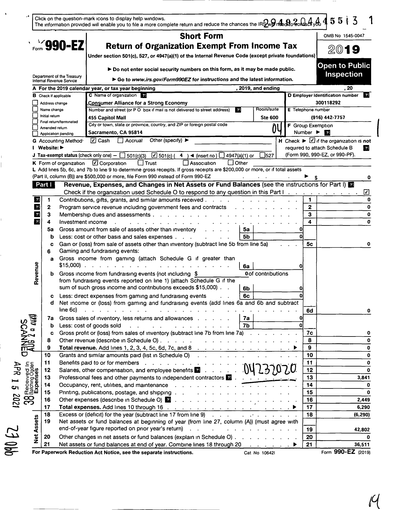 Image of first page of 2019 Form 990EO for Consumer Alliance for A Strong Economy