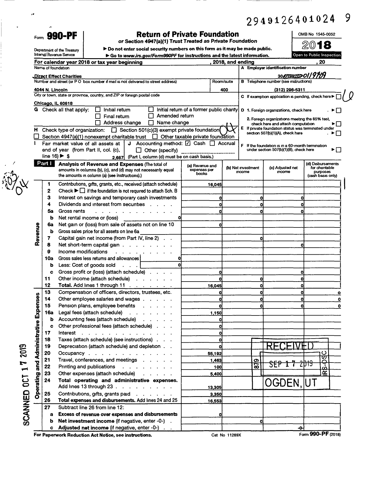 Image of first page of 2018 Form 990PF for Direct Effect Charities