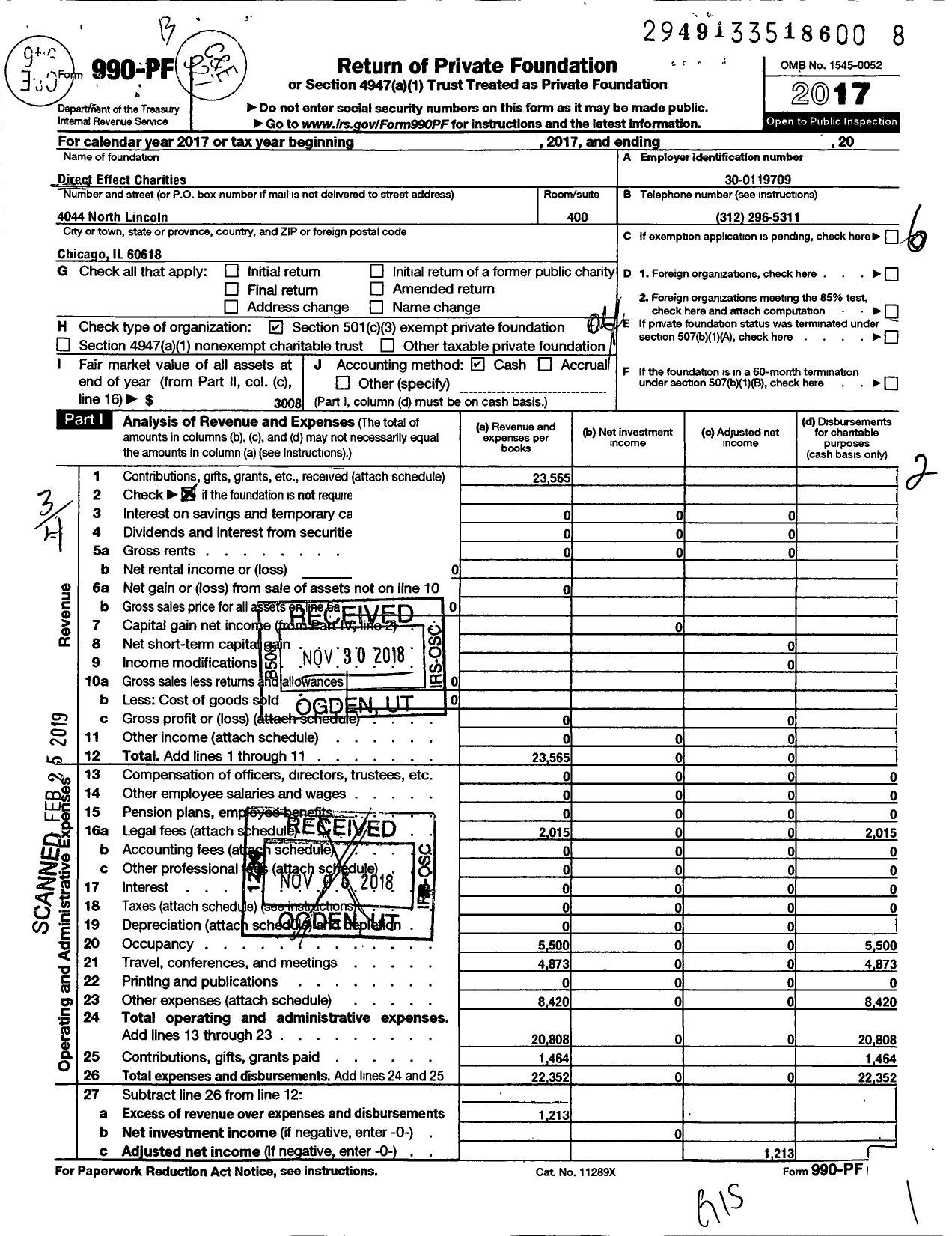 Image of first page of 2017 Form 990PF for Direct Effect Charities