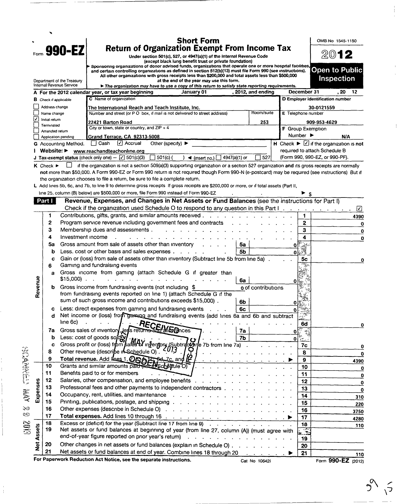 Image of first page of 2012 Form 990EZ for International Reach and Teach Institute
