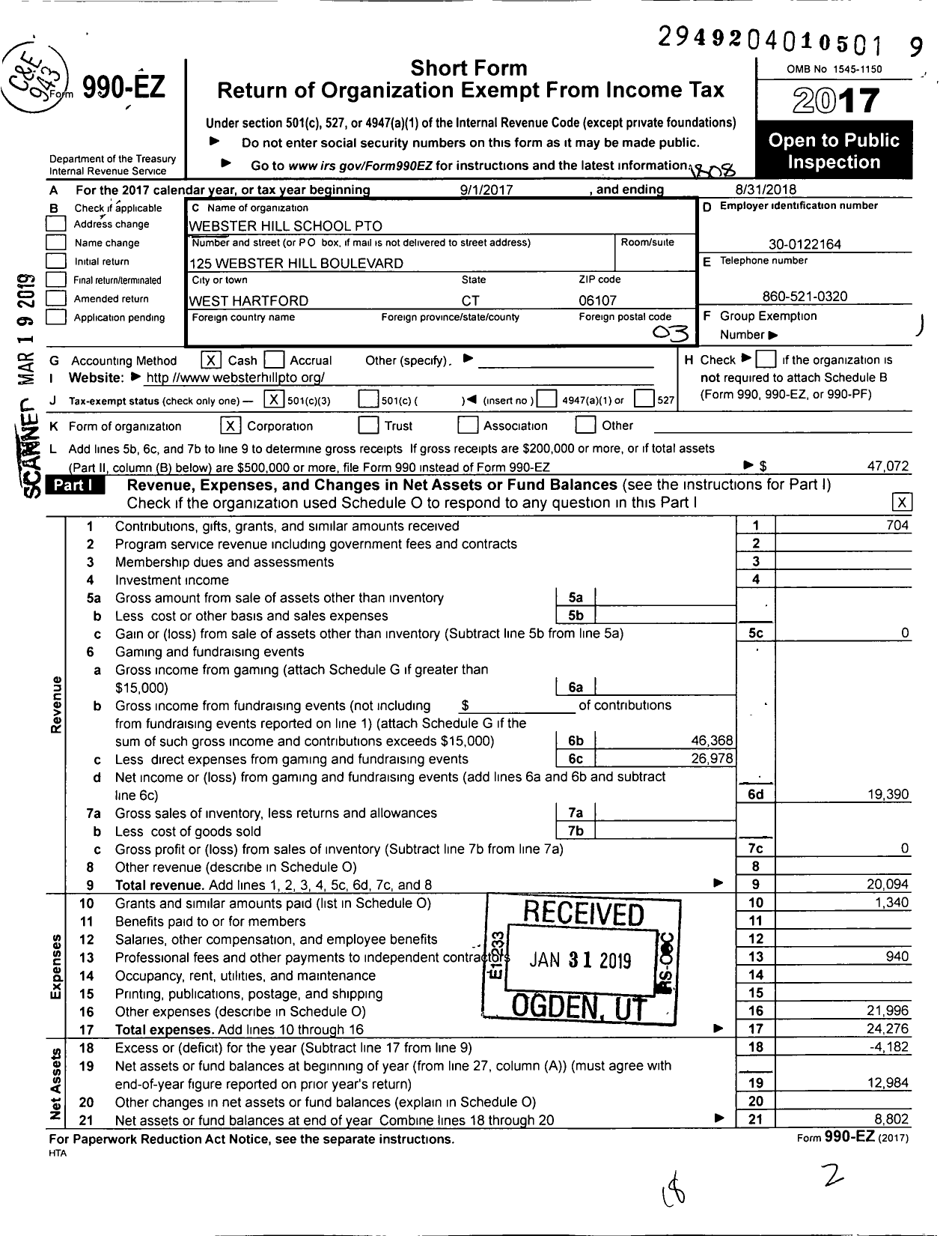 Image of first page of 2017 Form 990EZ for Webster Hill School Pto