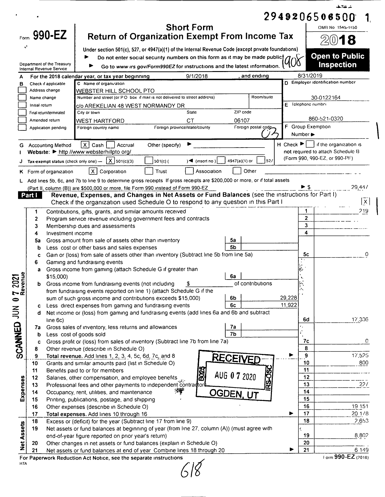 Image of first page of 2018 Form 990EZ for Webster Hill School Pto