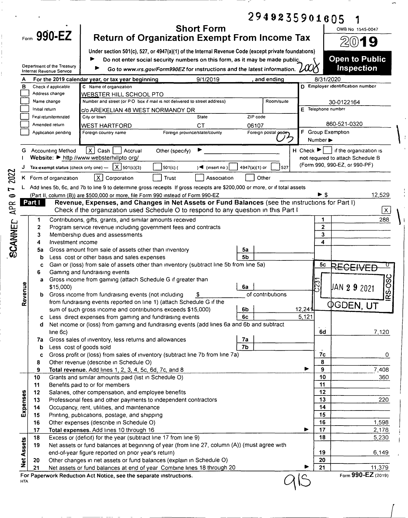 Image of first page of 2019 Form 990EZ for Webster Hill School Pto