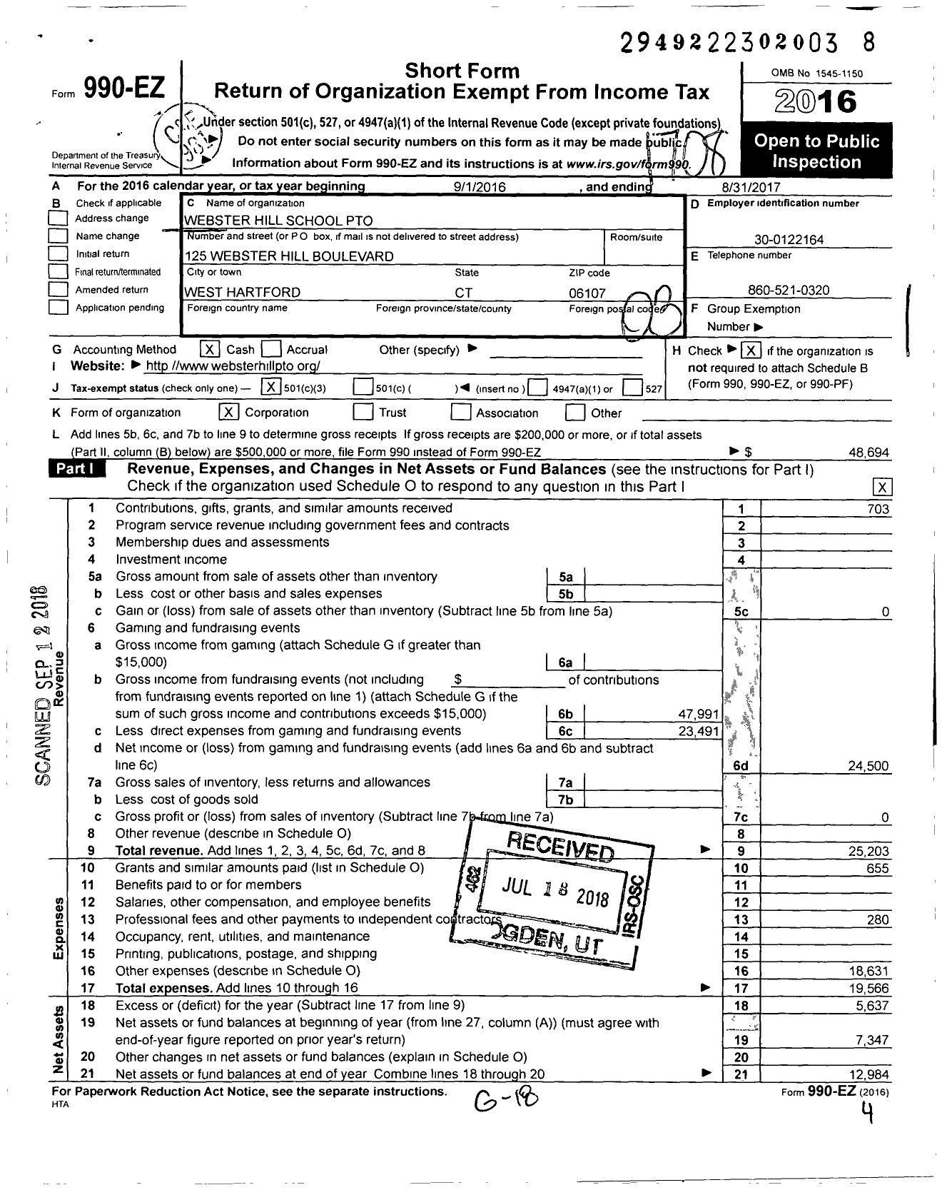 Image of first page of 2016 Form 990EZ for Webster Hill School Pto