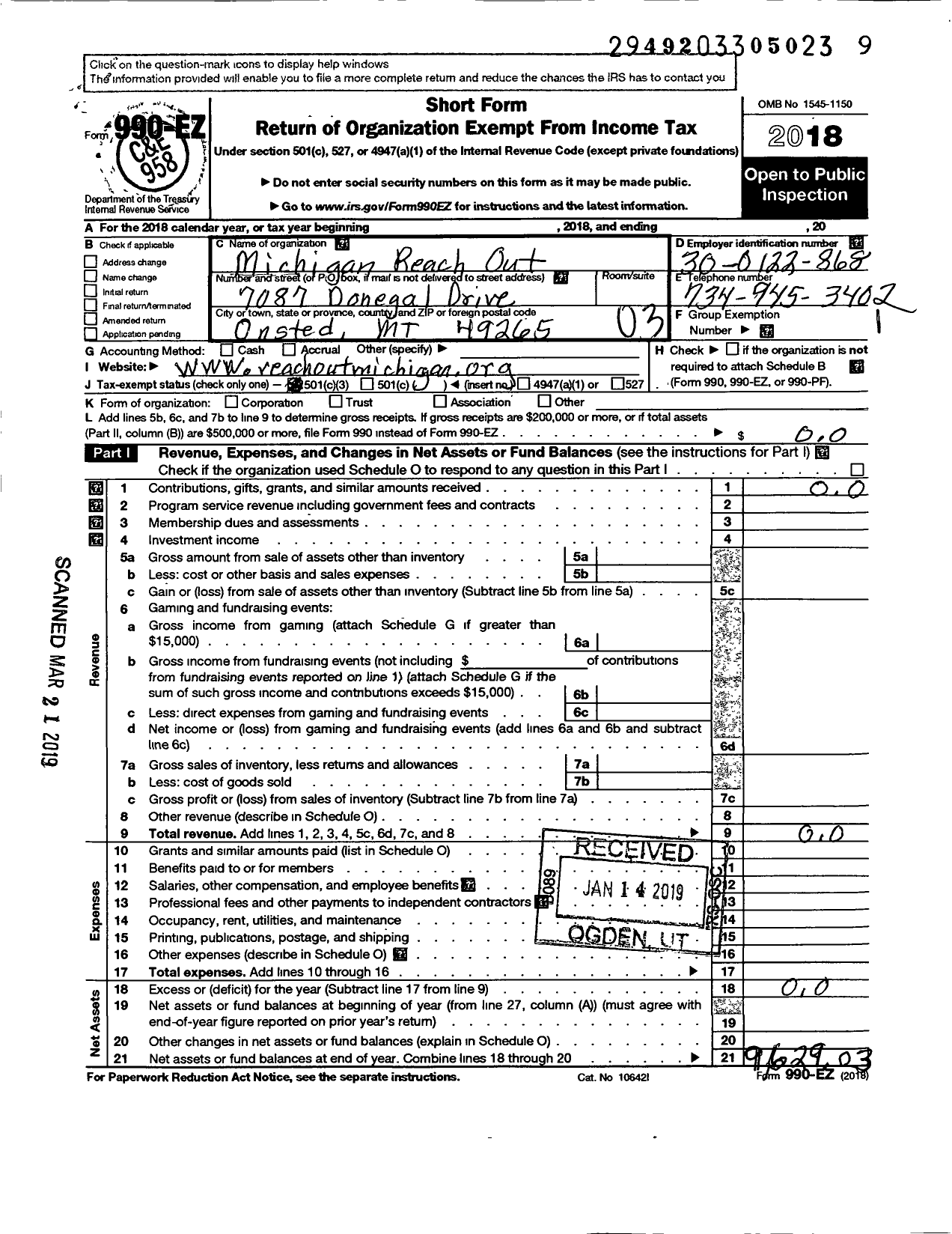 Image of first page of 2018 Form 990EZ for Michigan Reach Out