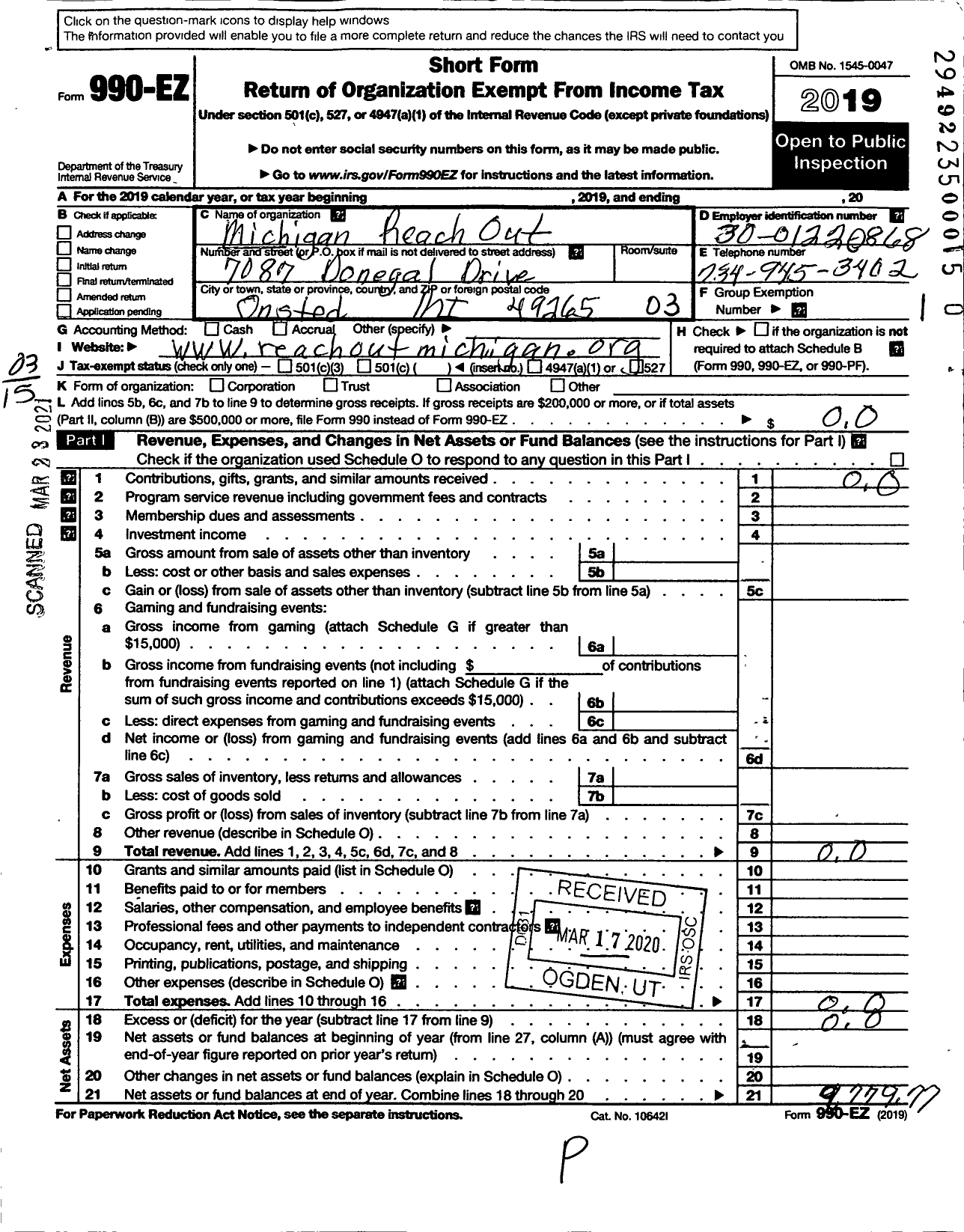 Image of first page of 2019 Form 990EZ for Michigan Reach Out