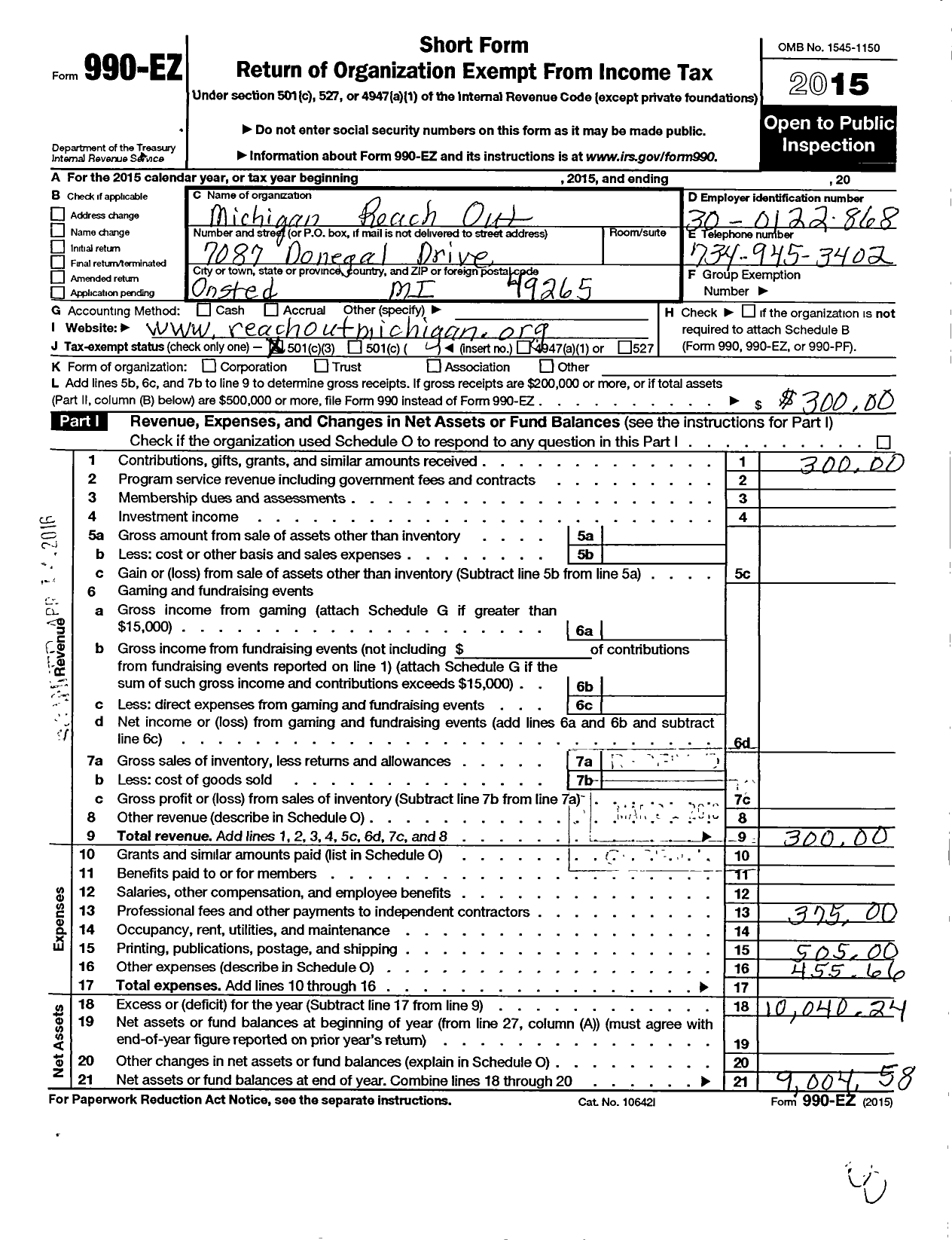 Image of first page of 2015 Form 990EZ for Michigan Reach Out