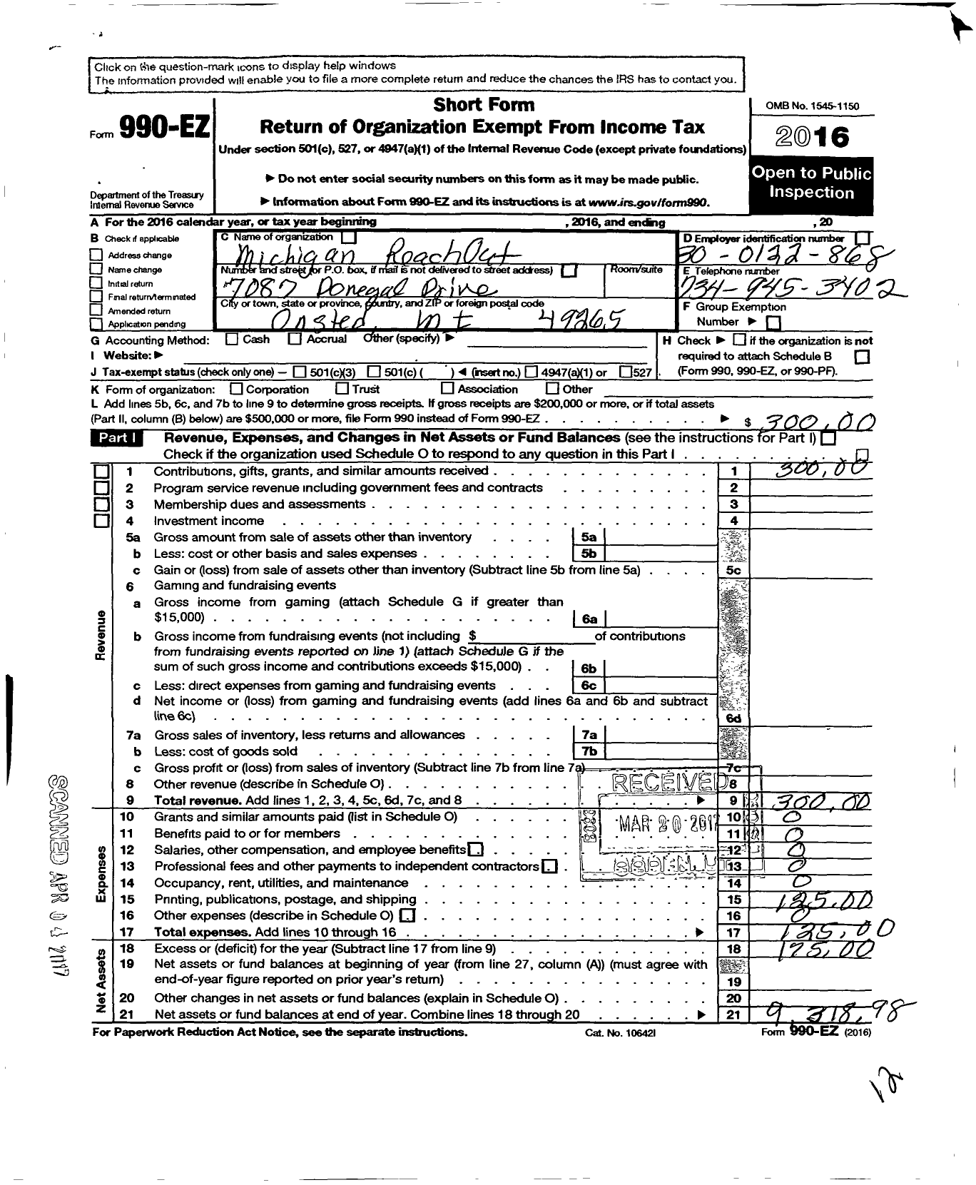 Image of first page of 2016 Form 990EO for Michigan Reach Out