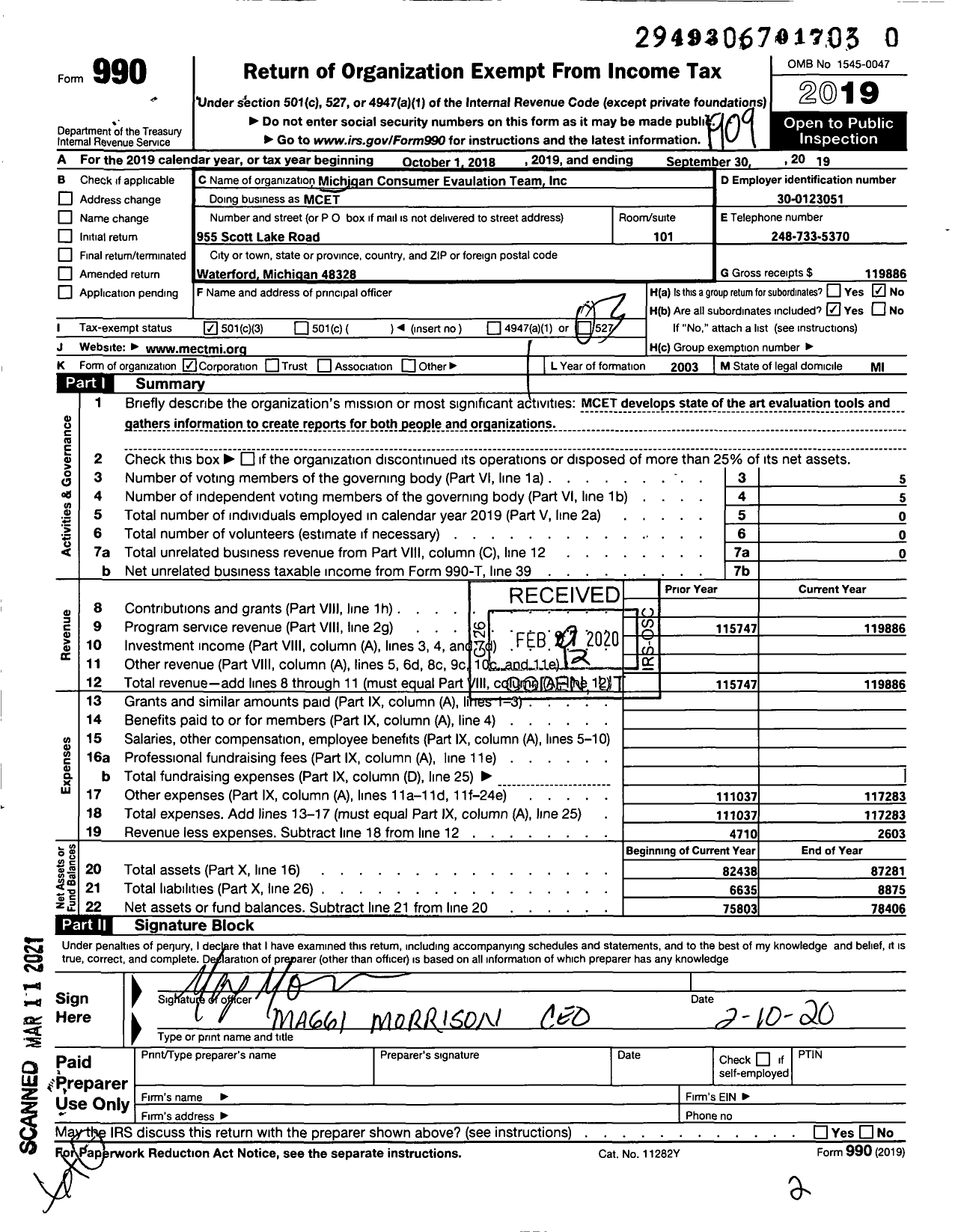 Image of first page of 2018 Form 990 for Michigan Consumer Evaluation Team (MCET)