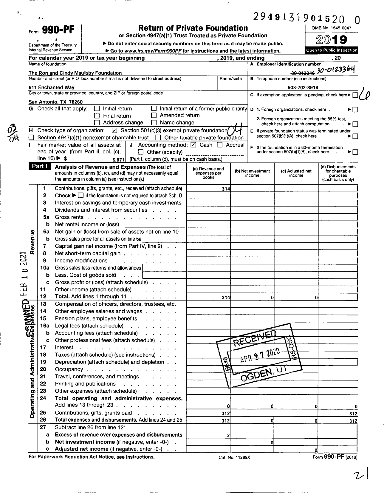 Image of first page of 2019 Form 990PF for The Ron and Cindy Maulsby Foundation