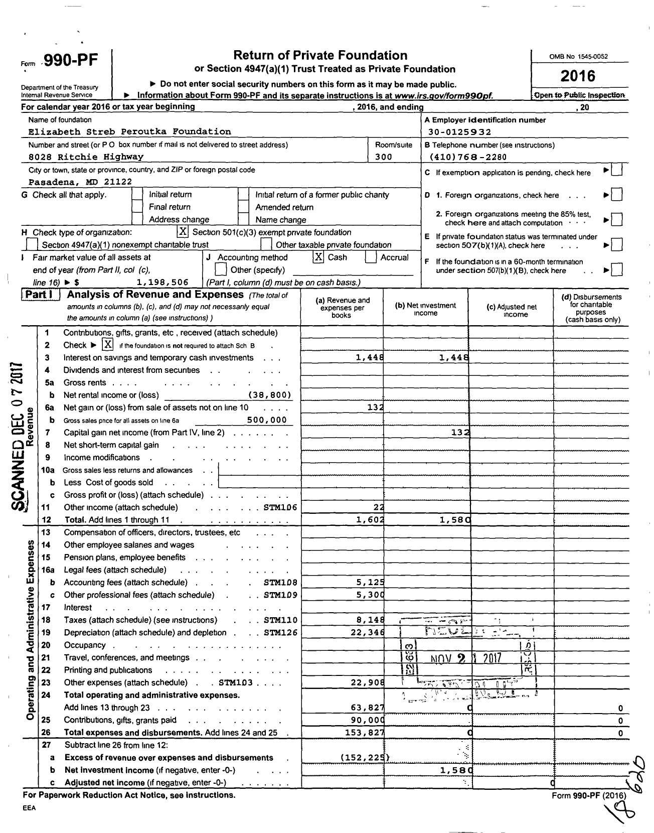 Image of first page of 2016 Form 990PF for Elizabeth Streb Peroutka Foundation