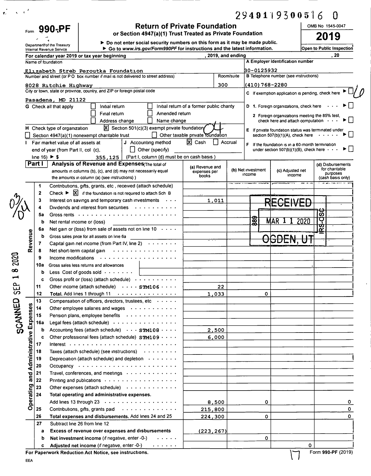 Image of first page of 2019 Form 990PR for Elizabeth Streb Peroutka Foundation