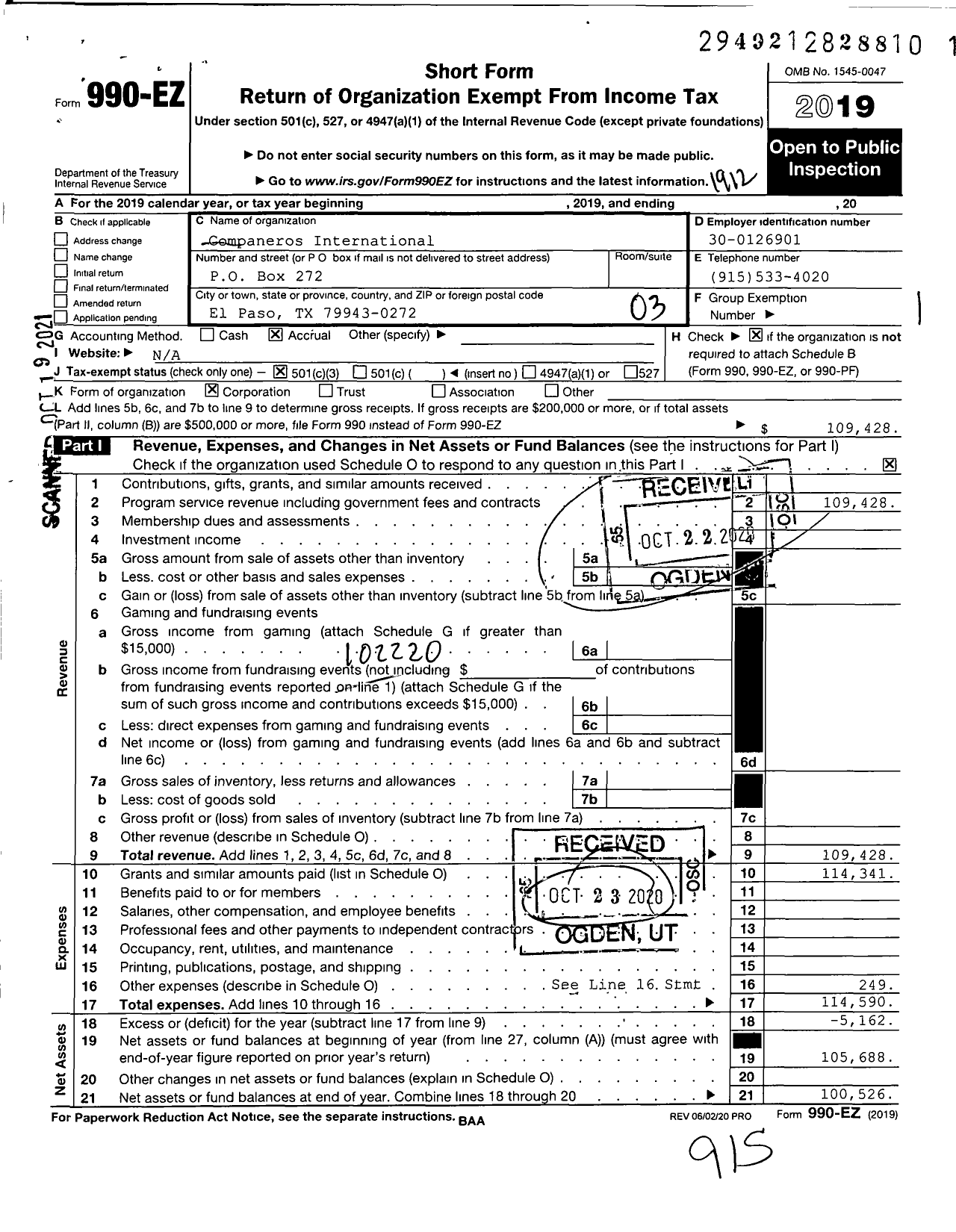 Image of first page of 2019 Form 990EZ for Companeros International