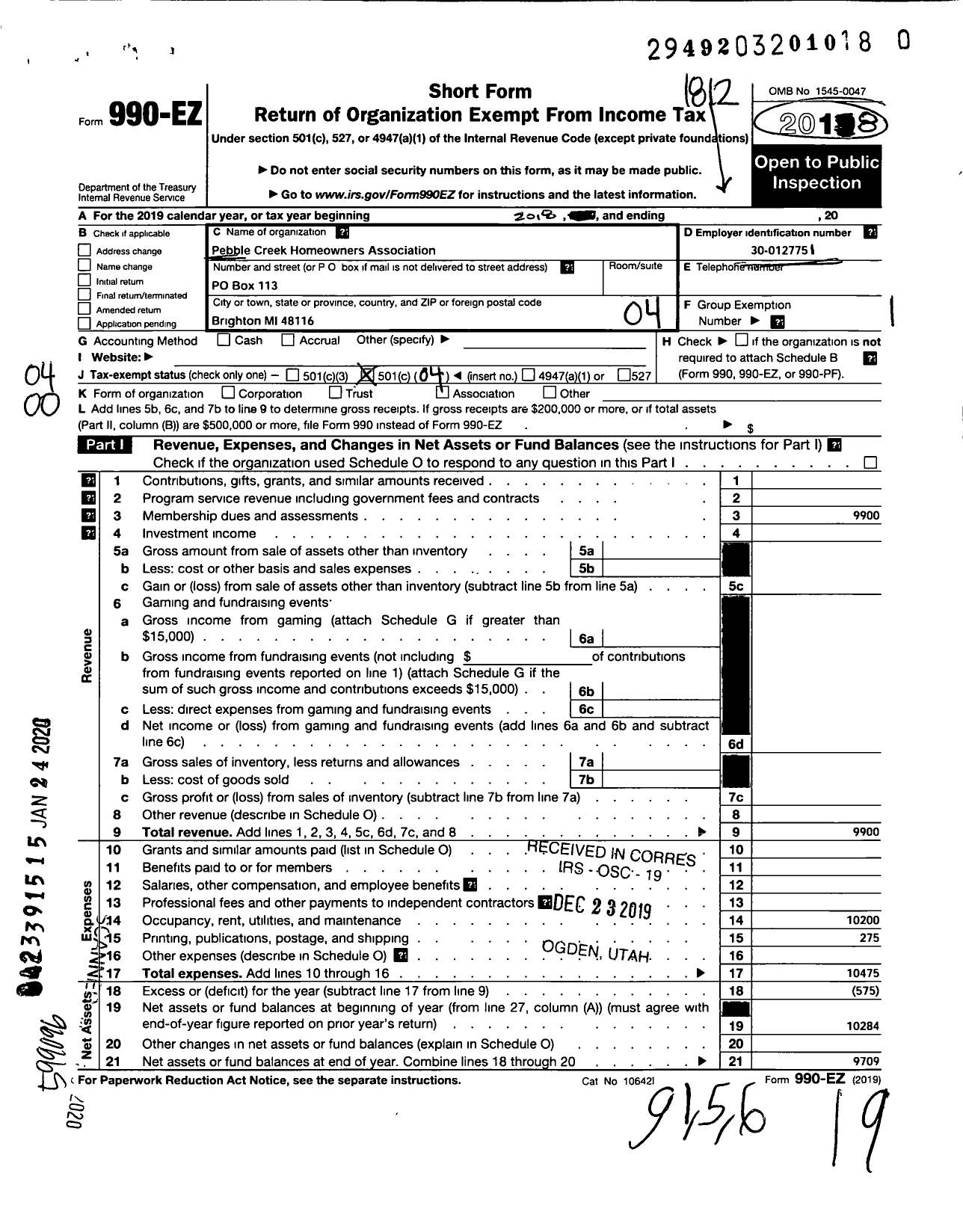 Image of first page of 2018 Form 990EO for Pebble Creek Homeowners Association
